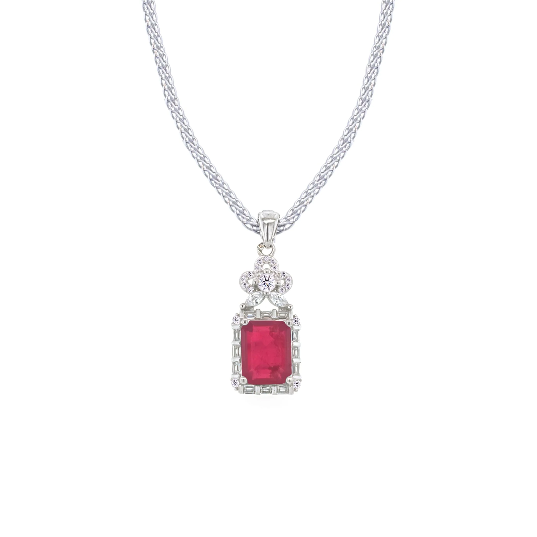 Asfour Crystal Jewelry Set With Fuchsia Emerald Design In 925 Sterling Silver-SD0077-F-9 - Image 2