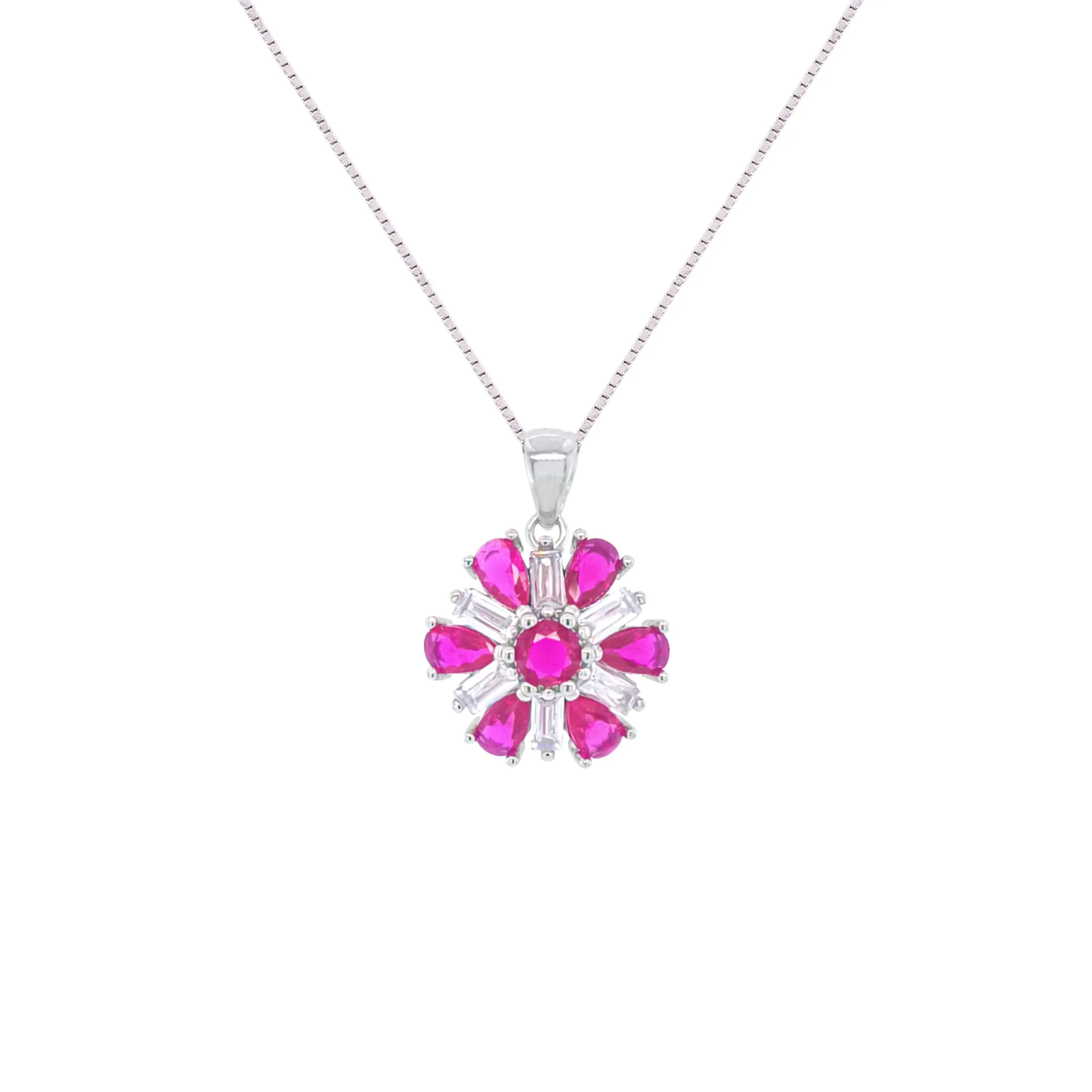 Asfour Crystal Jewelry Set With Fuchsia Flower Design In 925 Sterling Silver-SD0066-WF-9 - Image 2
