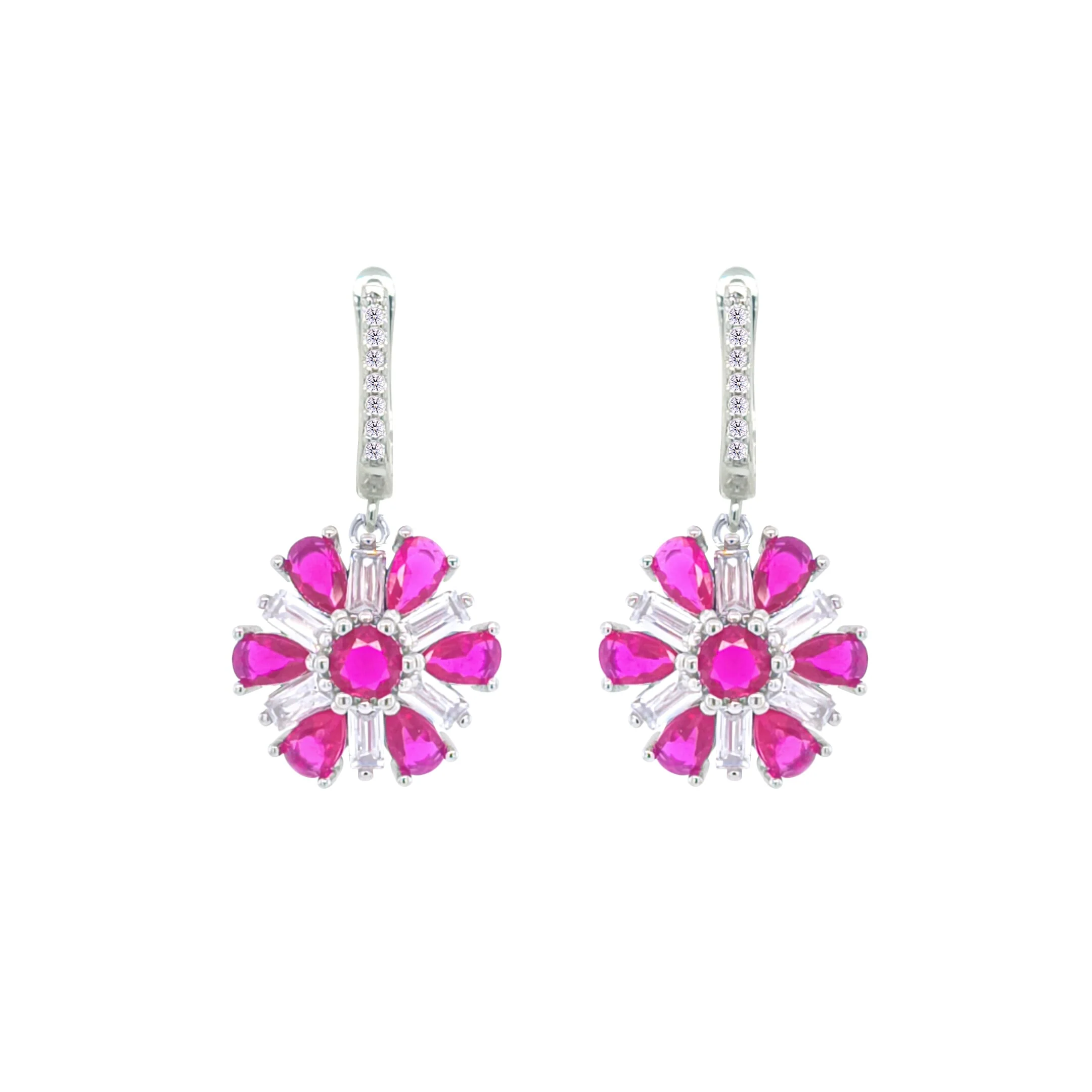 Asfour Crystal Jewelry Set With Fuchsia Flower Design In 925 Sterling Silver-SD0066-WF-9 - Image 3