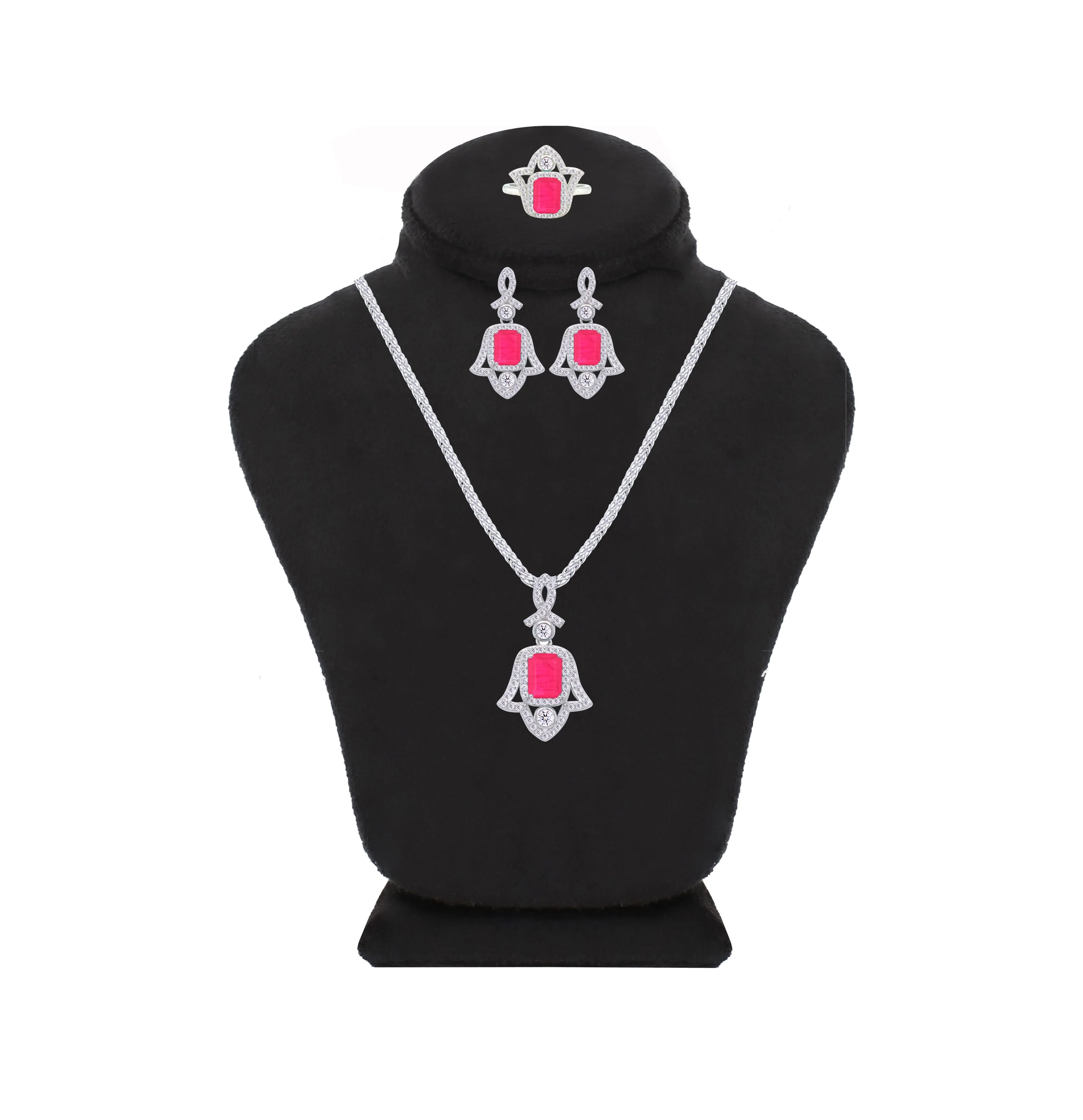 Asfour Crystal Jewelry Set With Fuchsia Hamsa Design In 925 Sterling Silver-SD0053-F-9