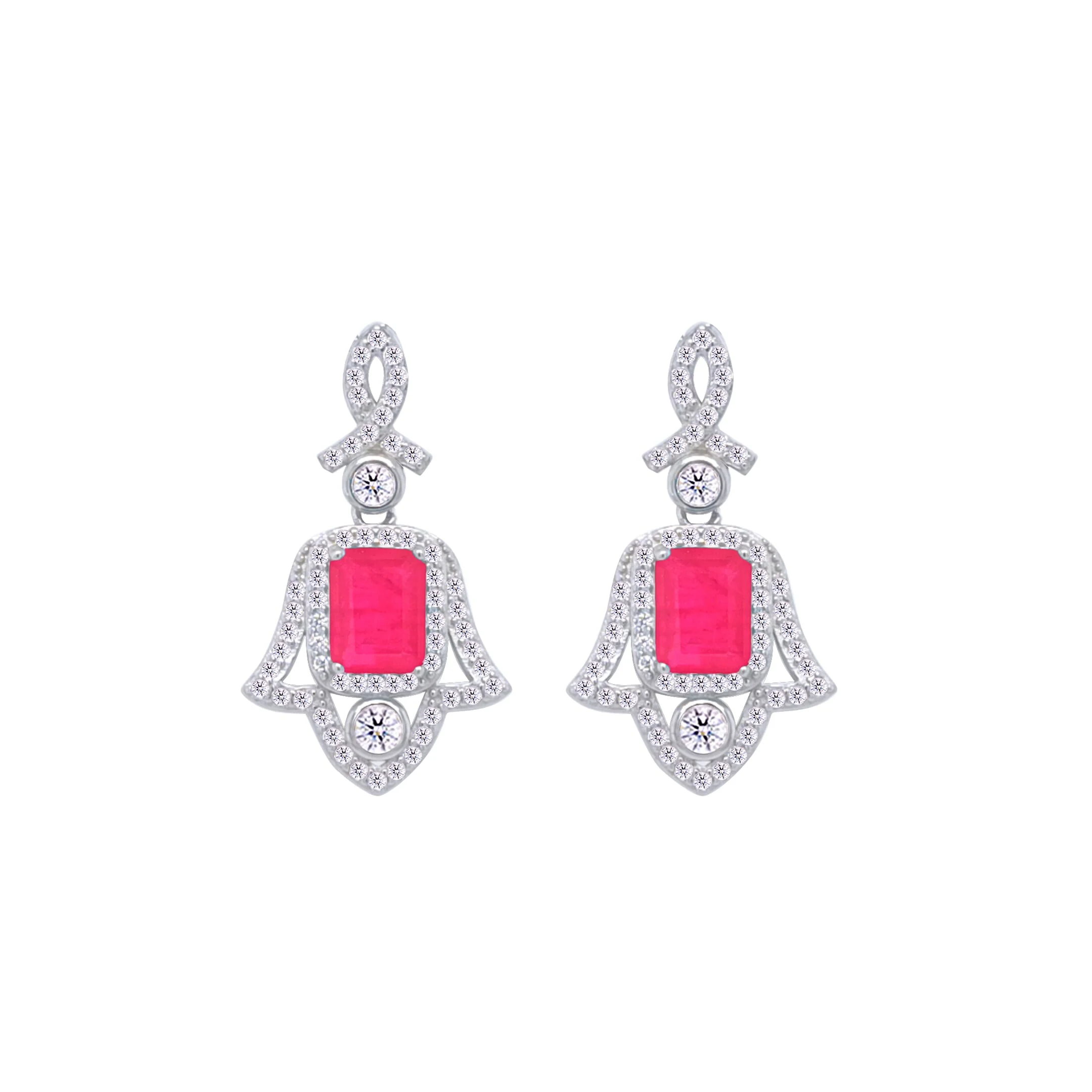 Asfour Crystal Jewelry Set With Fuchsia Hamsa Design In 925 Sterling Silver-SD0053-F-9 - Image 3
