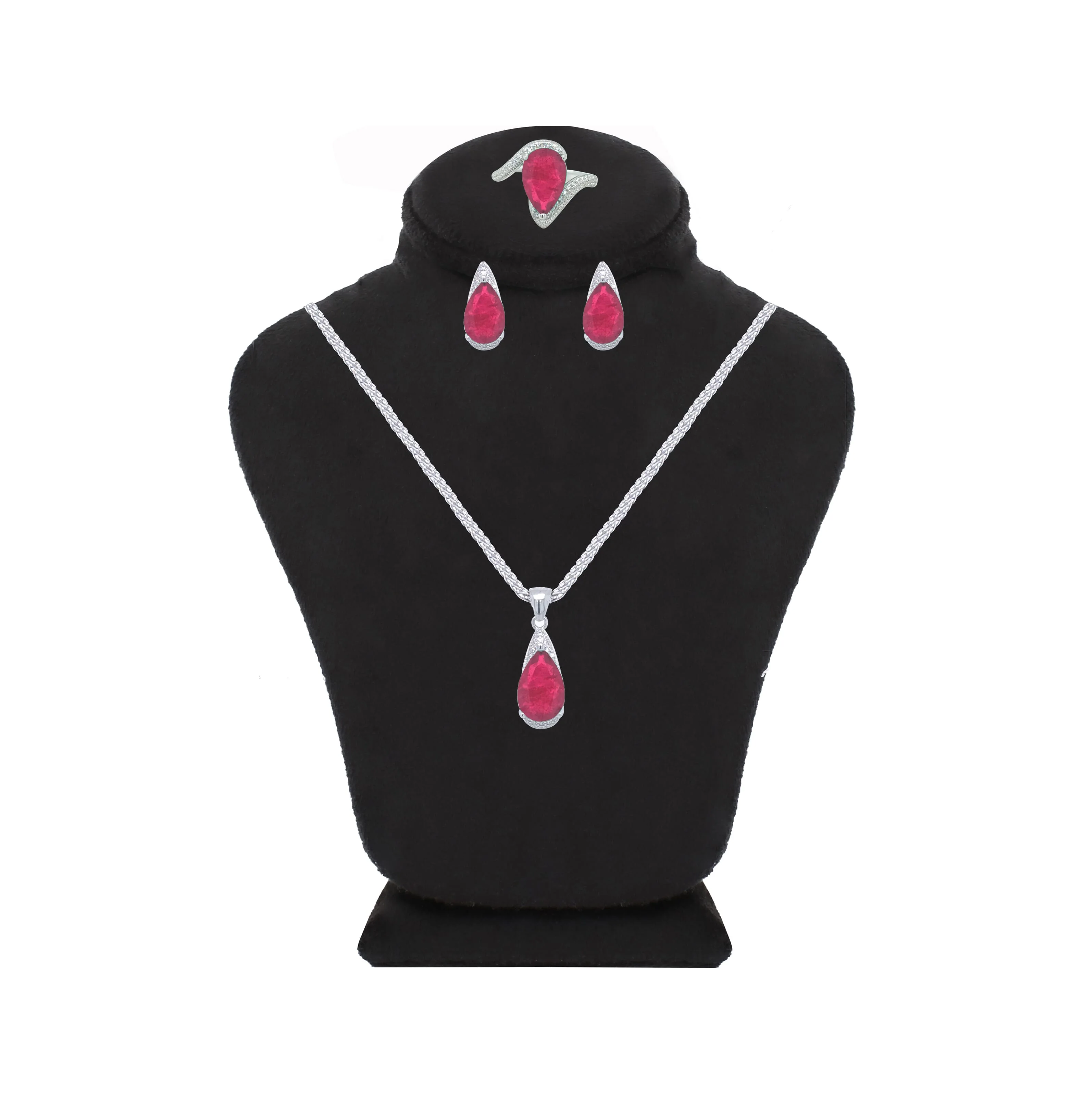 Asfour Crystal Jewelry Set With Fuchsia Pear Design In 925 Sterling Silver-SD0055-F-9