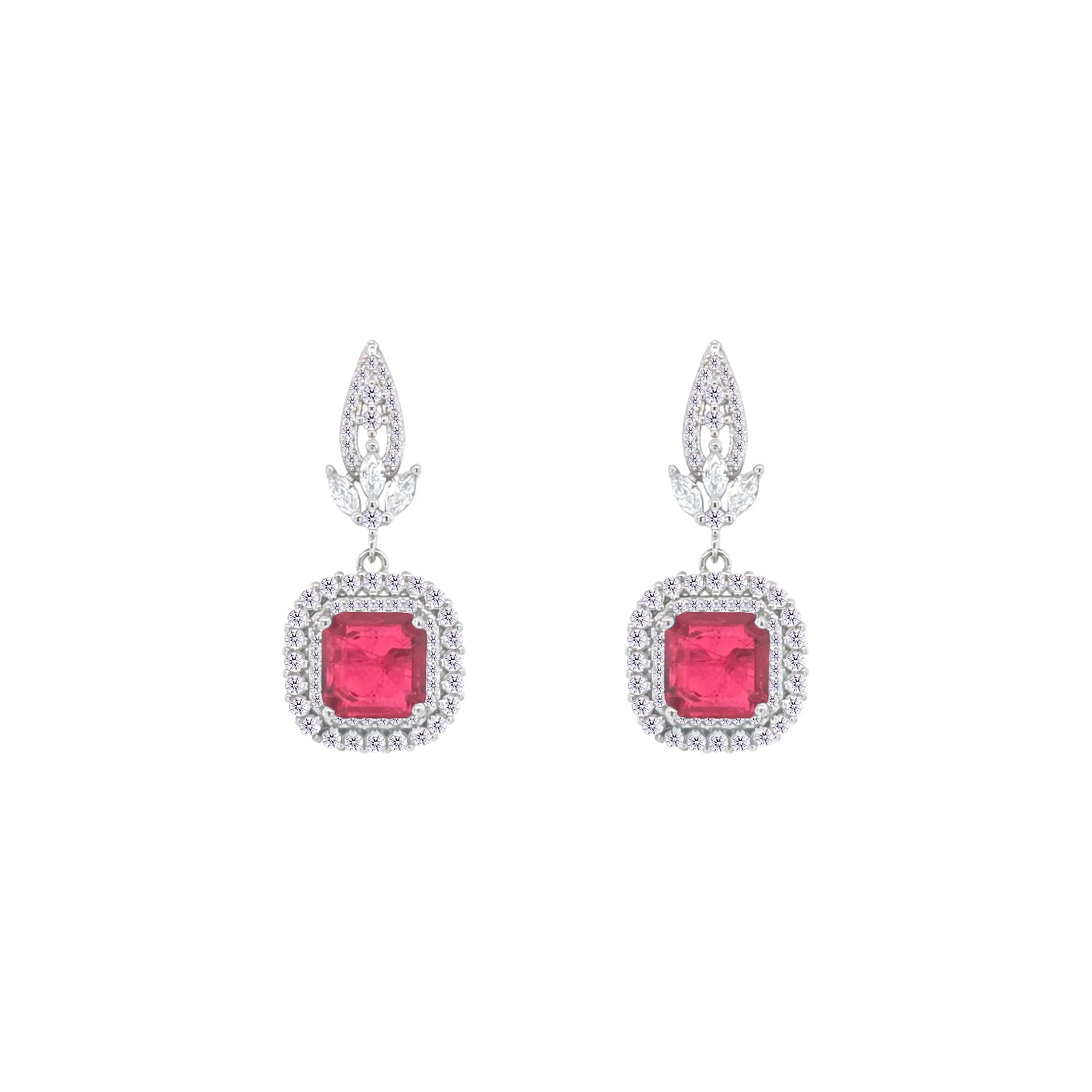 Asfour Crystal Jewelry Set With Fuchsia Square Design In 925 Sterling Silver-SD0073-F-8 - Image 3
