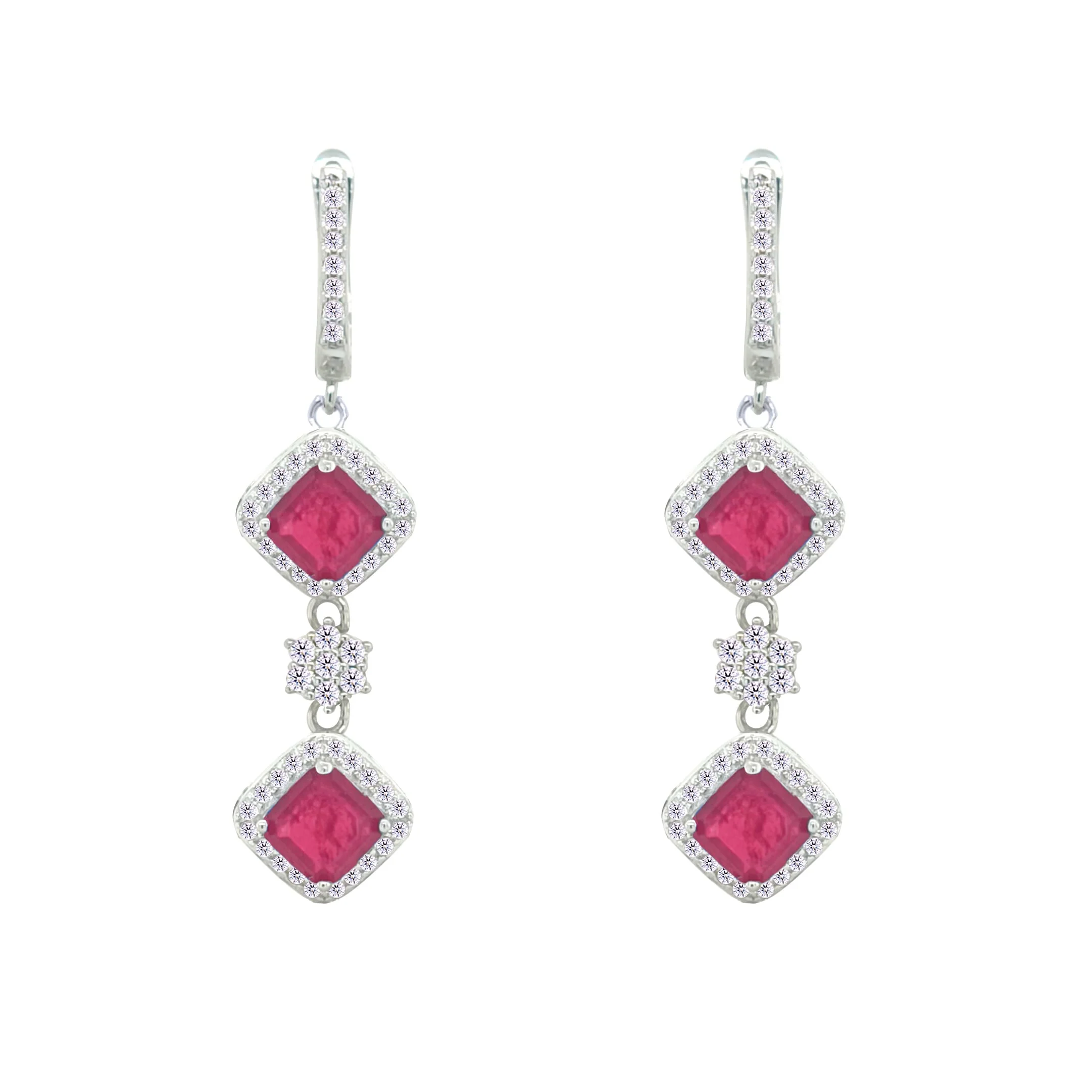 Asfour Crystal Jewelry Set With Fuchsia Squares Design In 925 Sterling Silver-SD0058-F-9 - Image 3