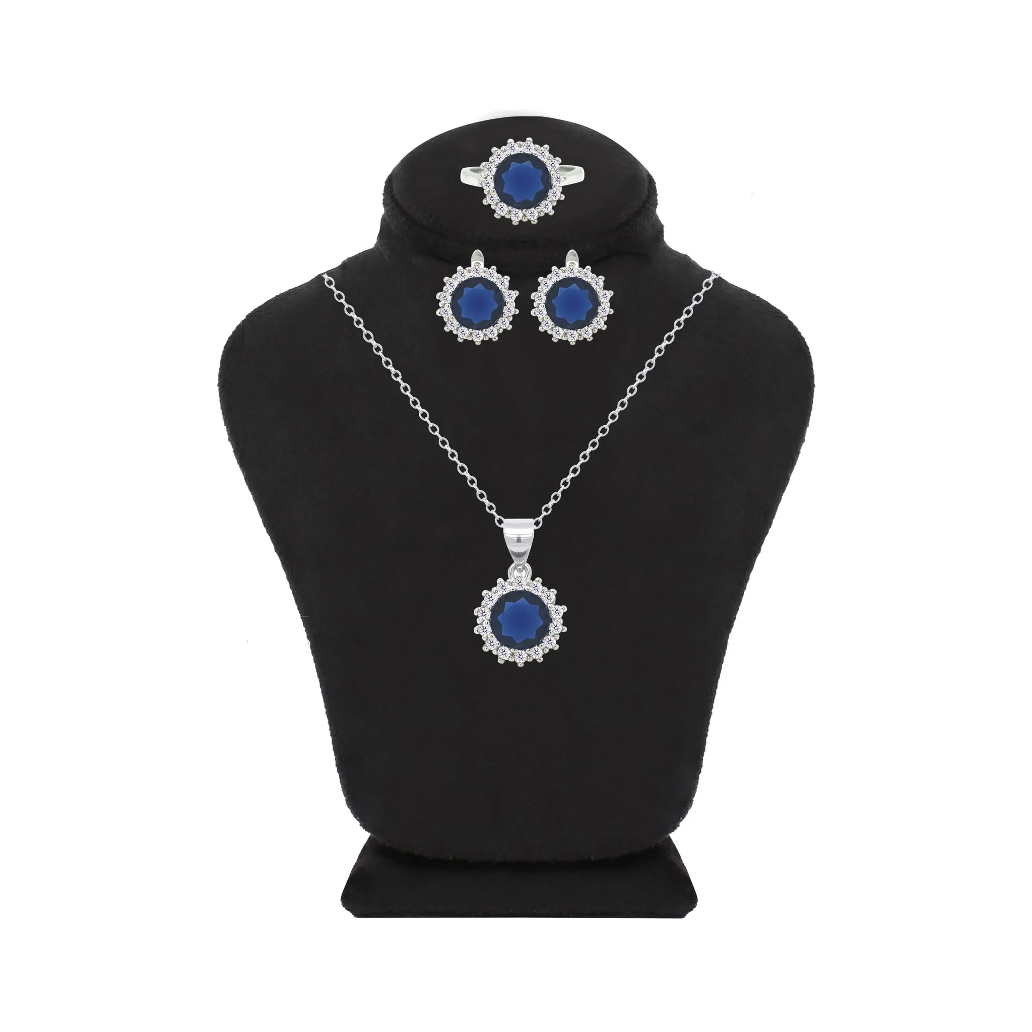 Asfour Crystal Jewelry Set With Halo Blue Round Design In 925 Sterling Silver-SD0113-B-7