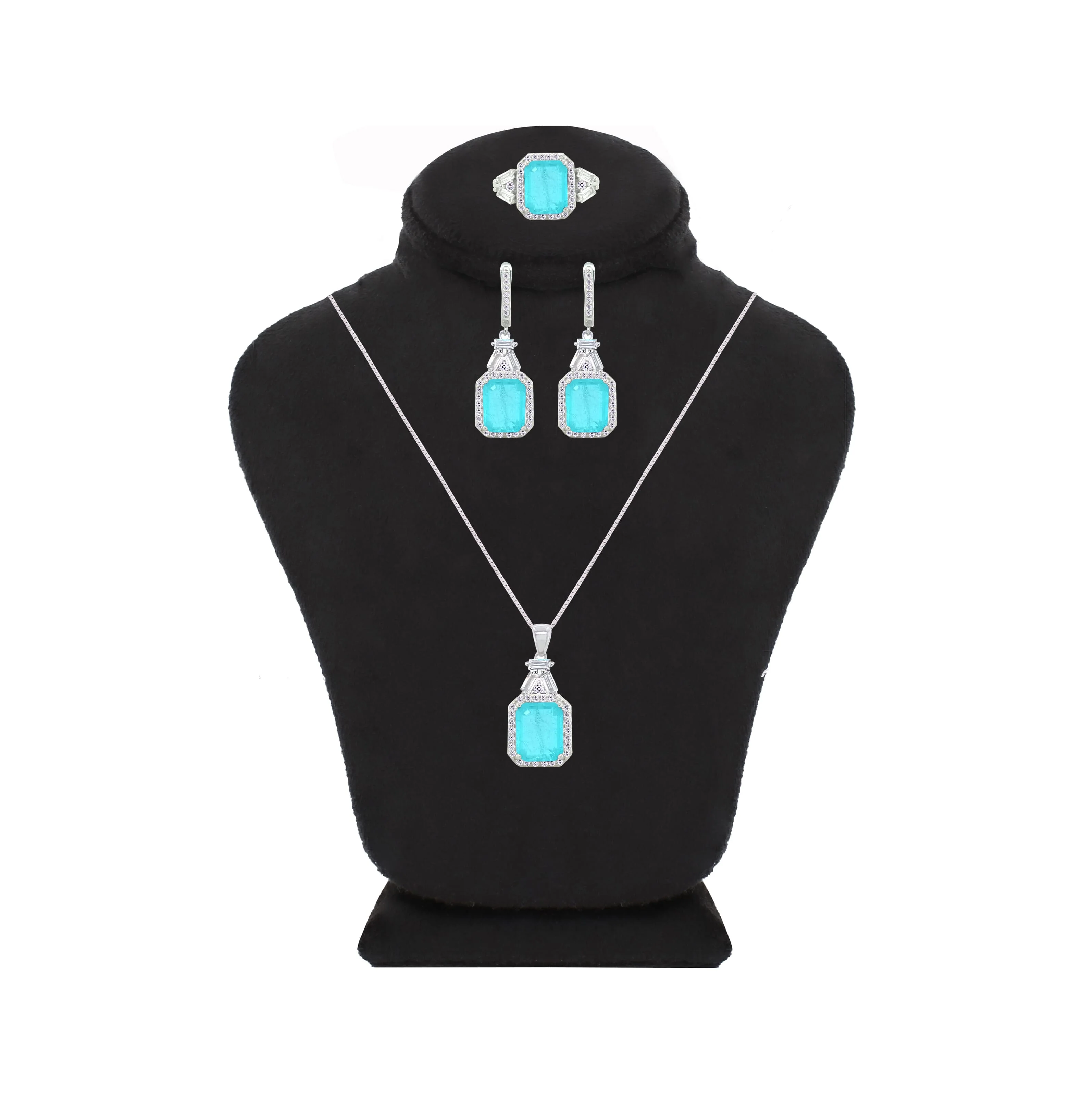 Asfour Crystal Jewelry Set With Light Turquoise Emerald Design In 925 Sterling Silver-SD0059-LGC-7