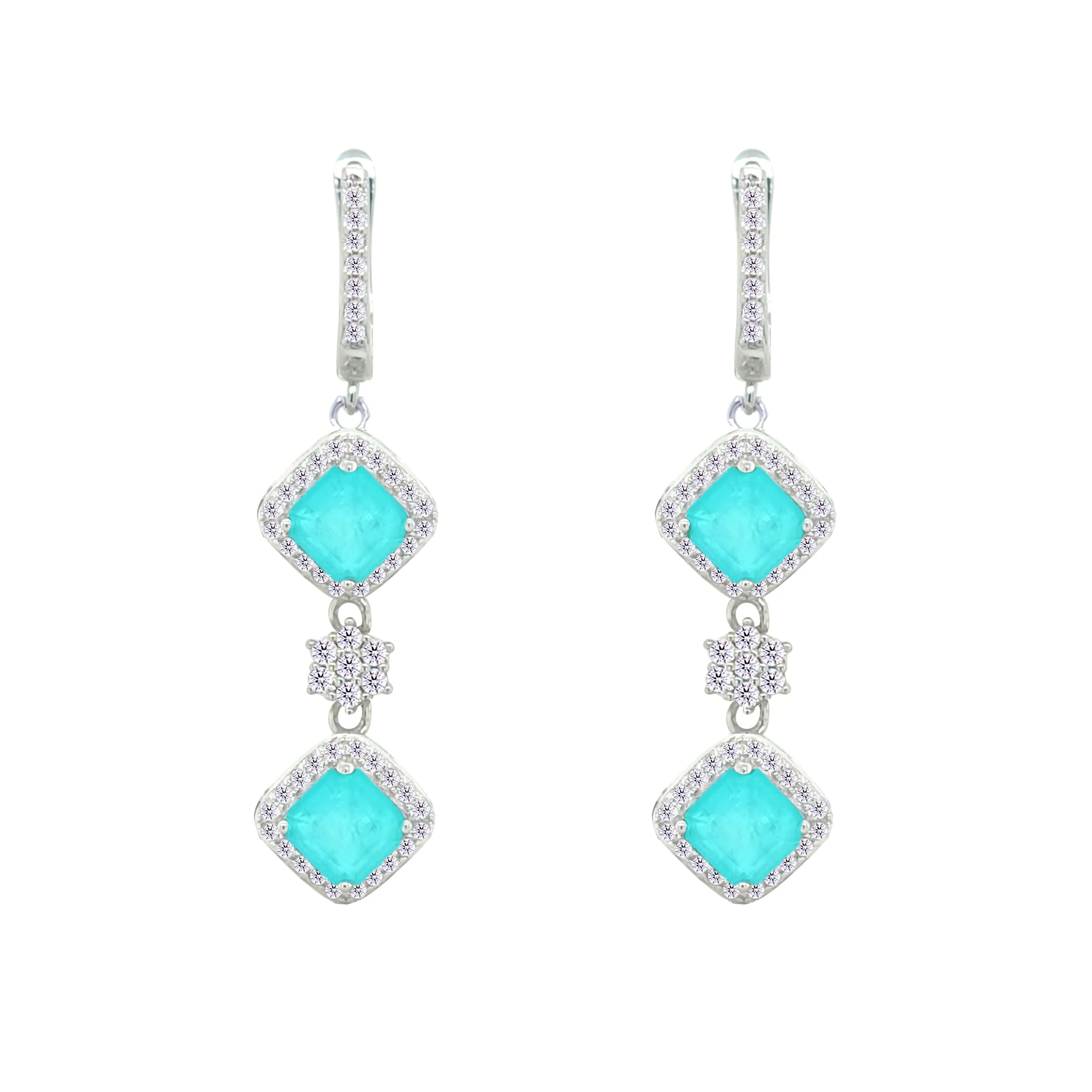 Asfour Crystal Jewelry Set With Light Turquoise Squares Design In 925 Sterling Silver-SD0058-LGC-8 - Image 3