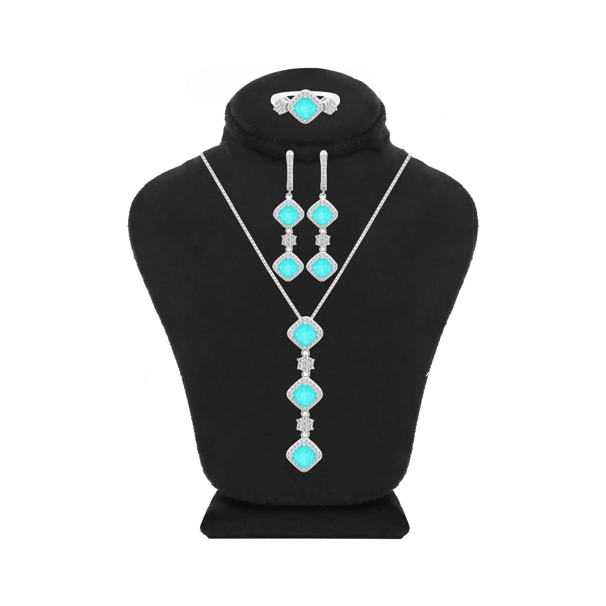 Asfour Crystal Jewelry Set With Light Turquoise Squares Design In 925 Sterling Silver-SD0058-LGC-9