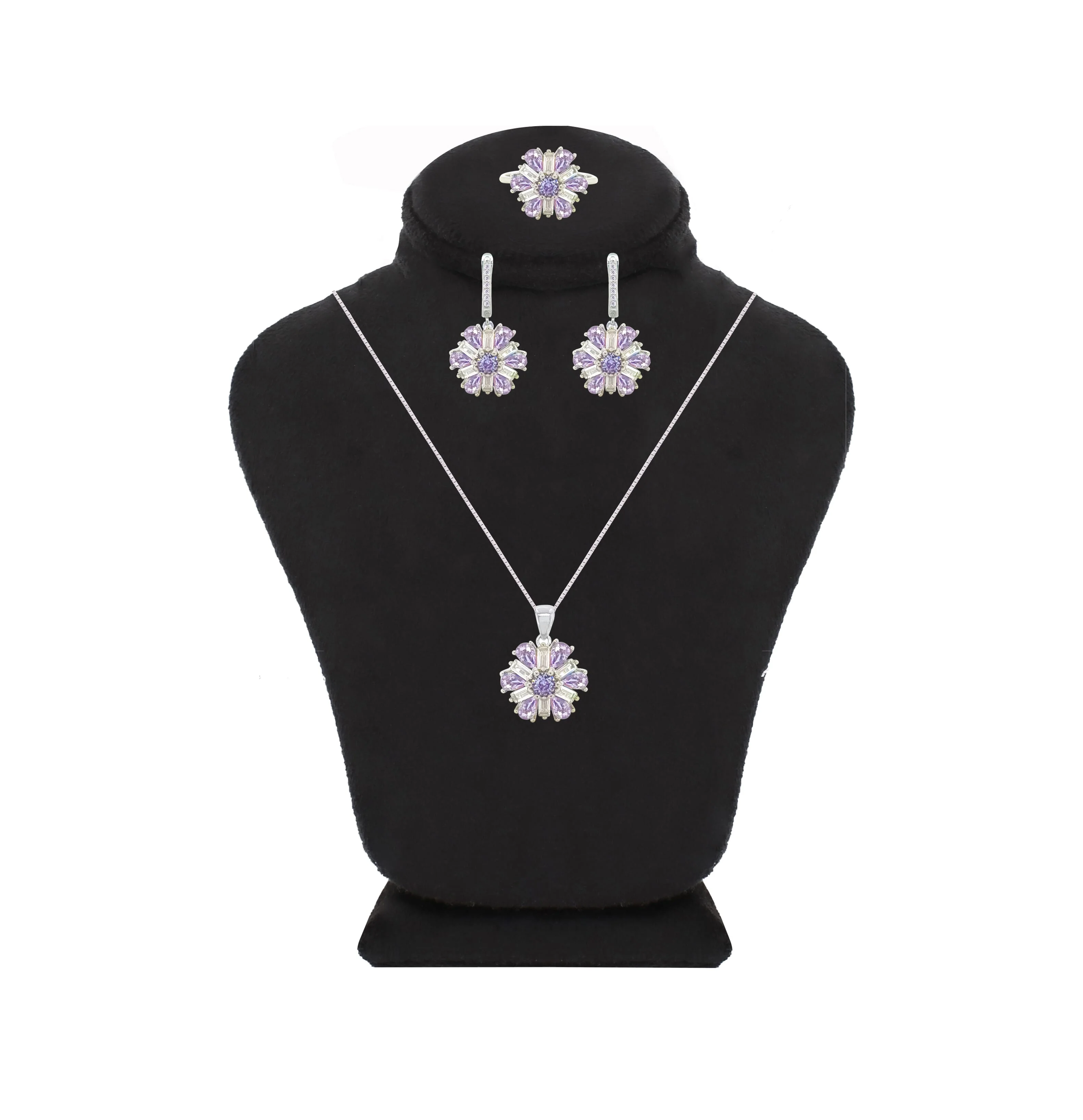 Asfour Crystal Jewelry Set With Tenzanite Flower Design In 925 Sterling Silver-SD0066-WN-8