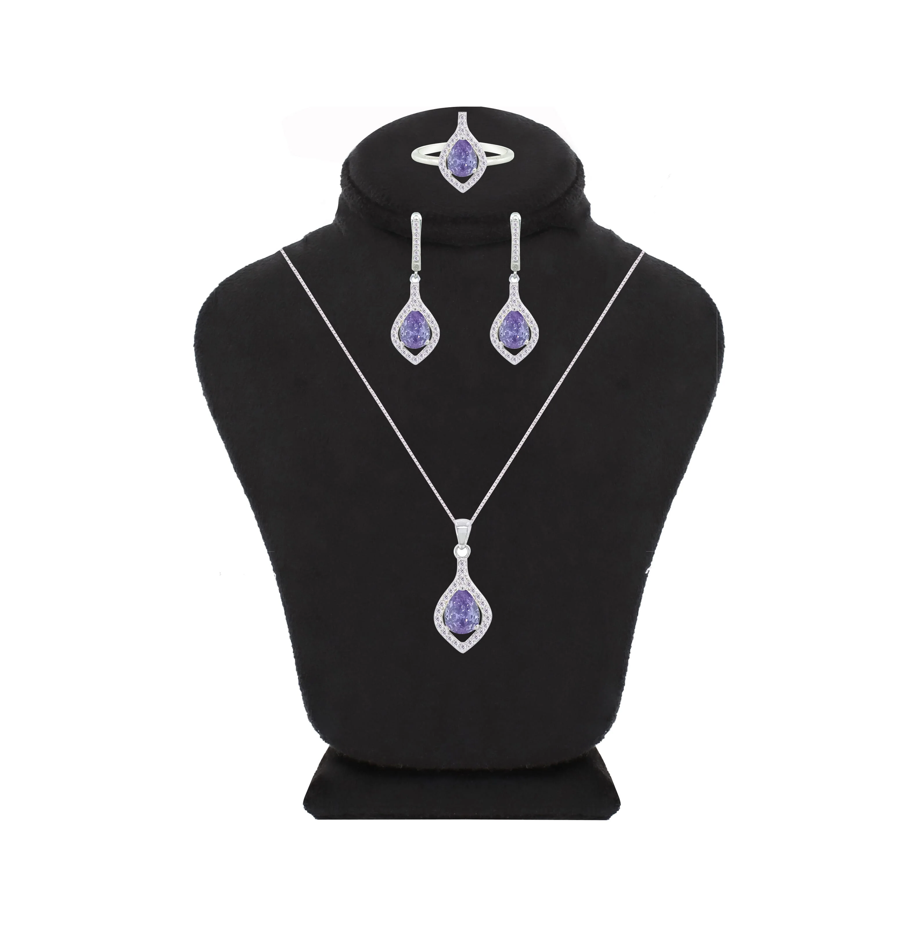 Asfour Crystal Jewelry Set With Tenzanite Pear Design In 925 Sterling Silver-SD0068-N-7