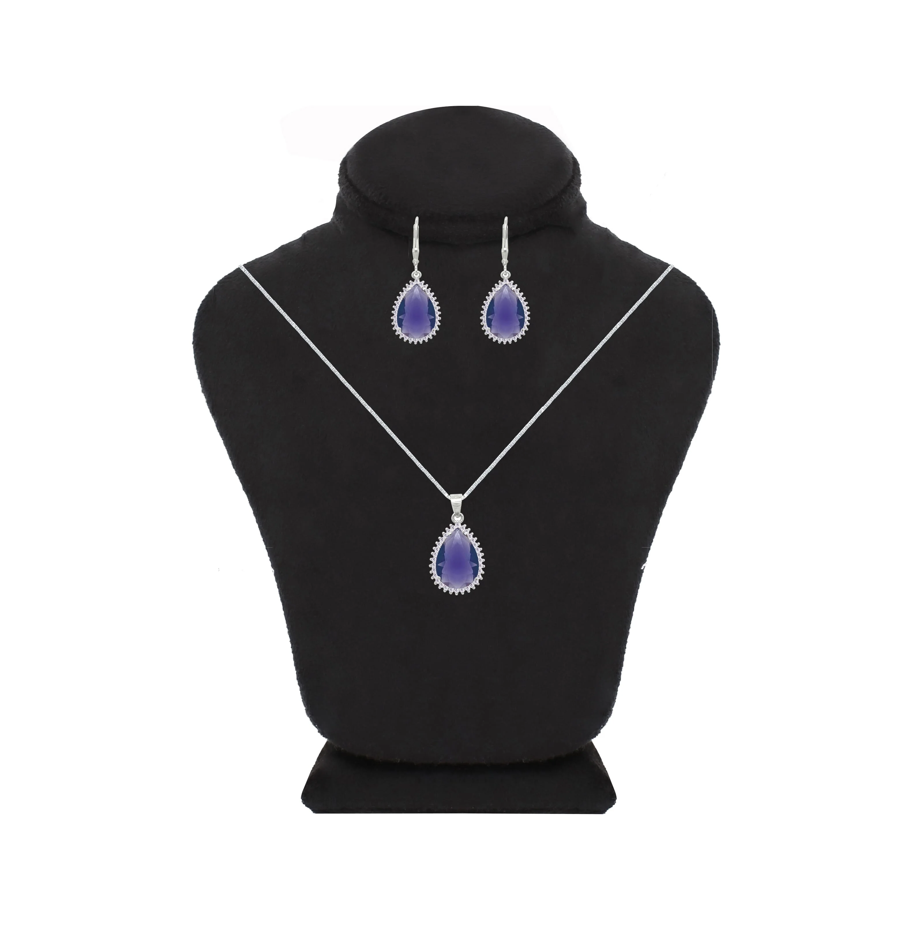 Asfour Crystal Jewelry Set With Tenzanite Pear Design In 925 Sterling Silver-SD0133-N