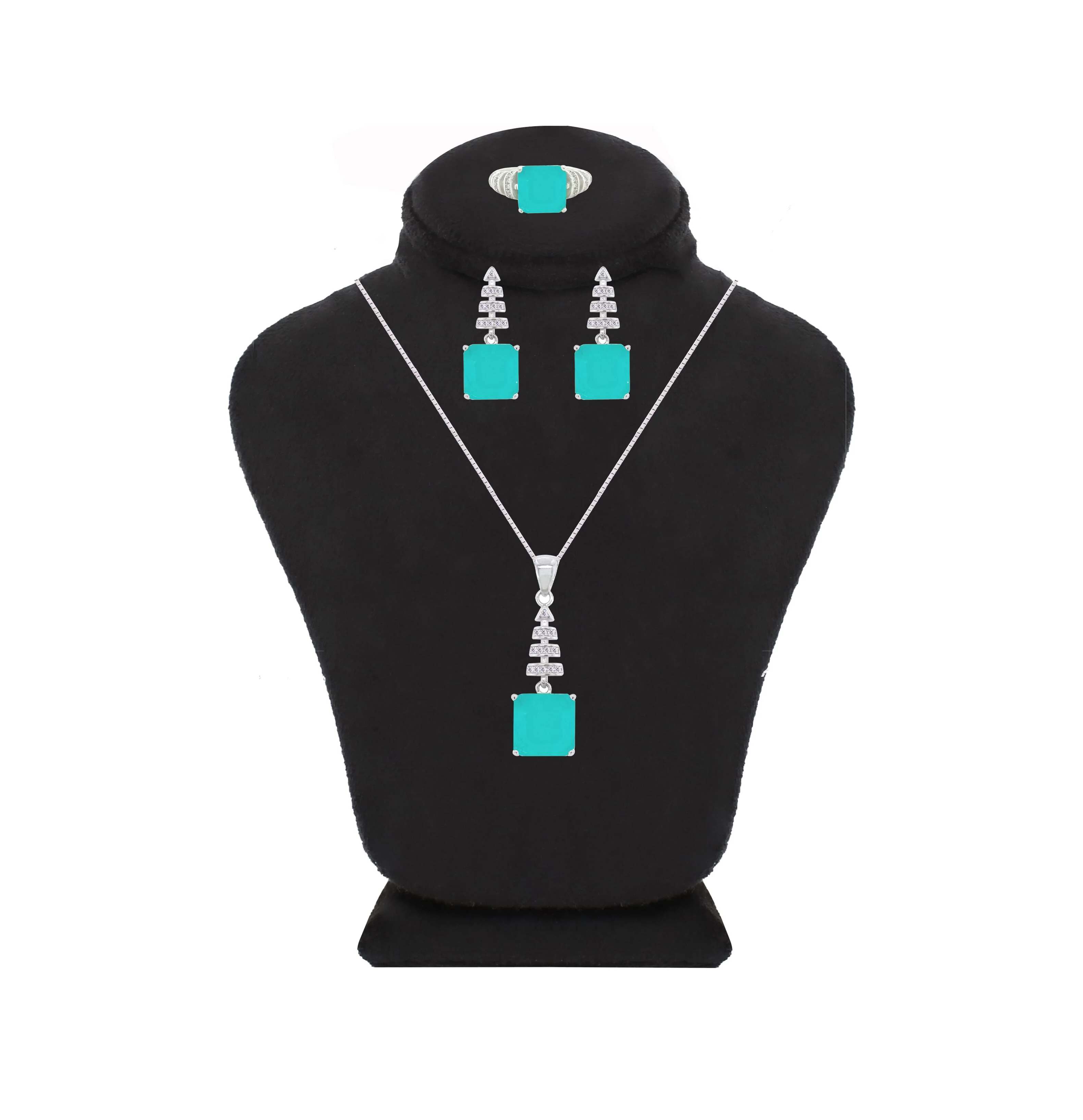 Asfour Crystal Jewelry Set With Turquoise Art Deco Square Design In 925 Sterling Silver-SD0061-GC-7