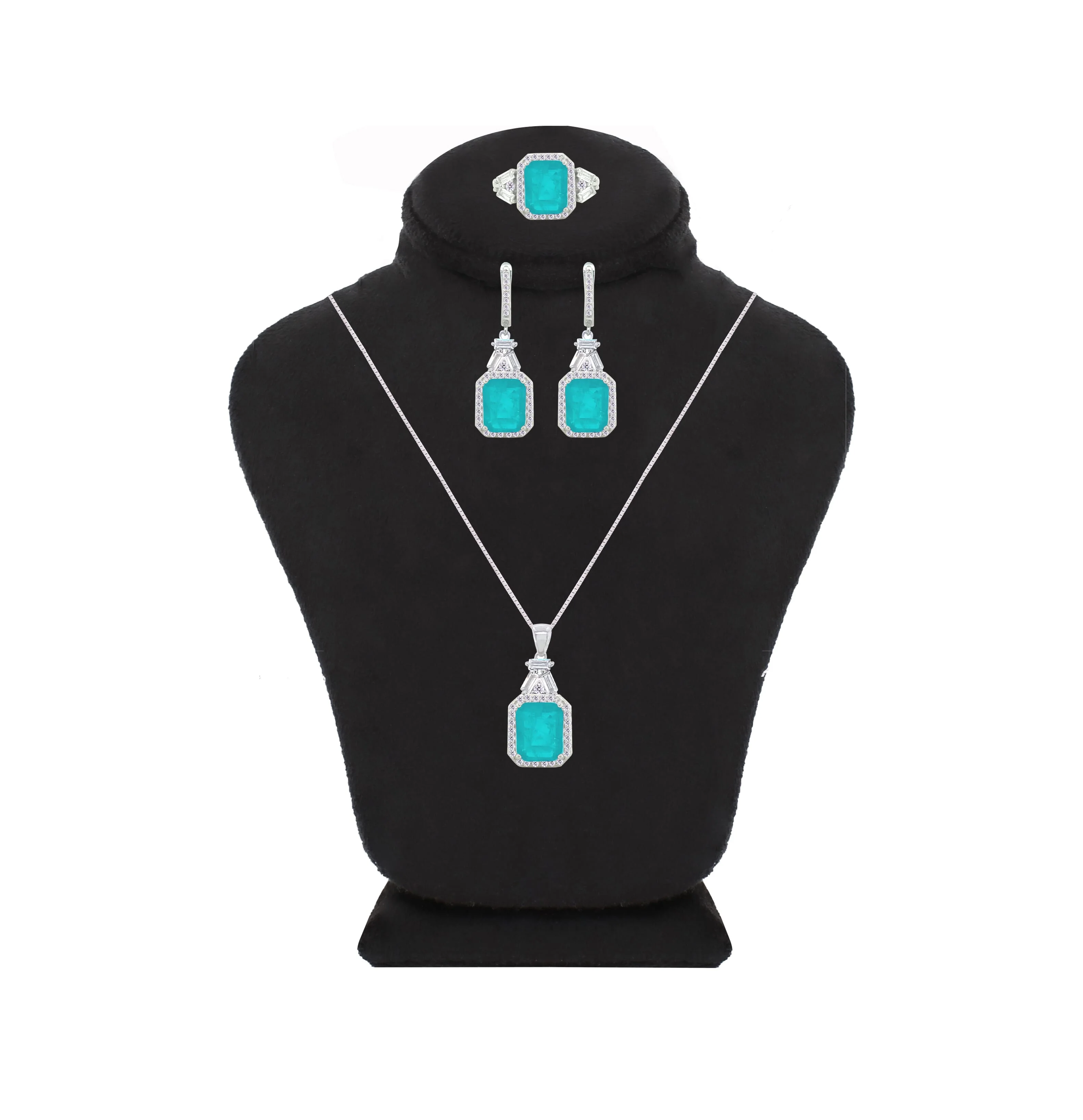 Asfour Crystal Jewelry Set With Turquoise Emerald Design In 925 Sterling Silver-SD0059-GC-9