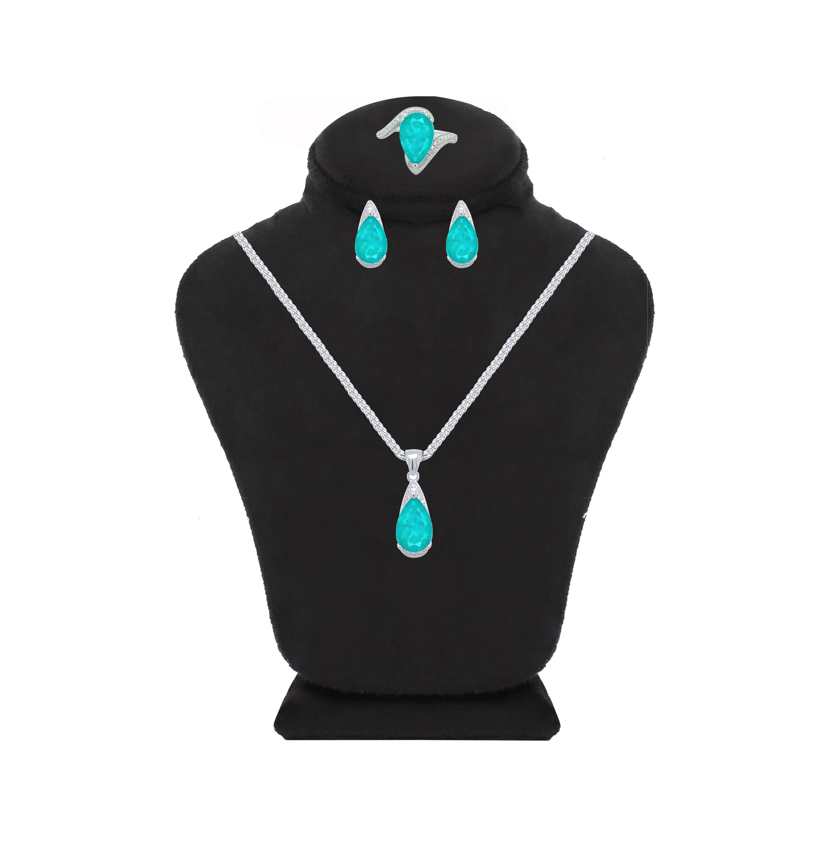 Asfour Crystal Jewelry Set With Turquoise Pear Design In 925 Sterling Silver-SD0055-GC-9