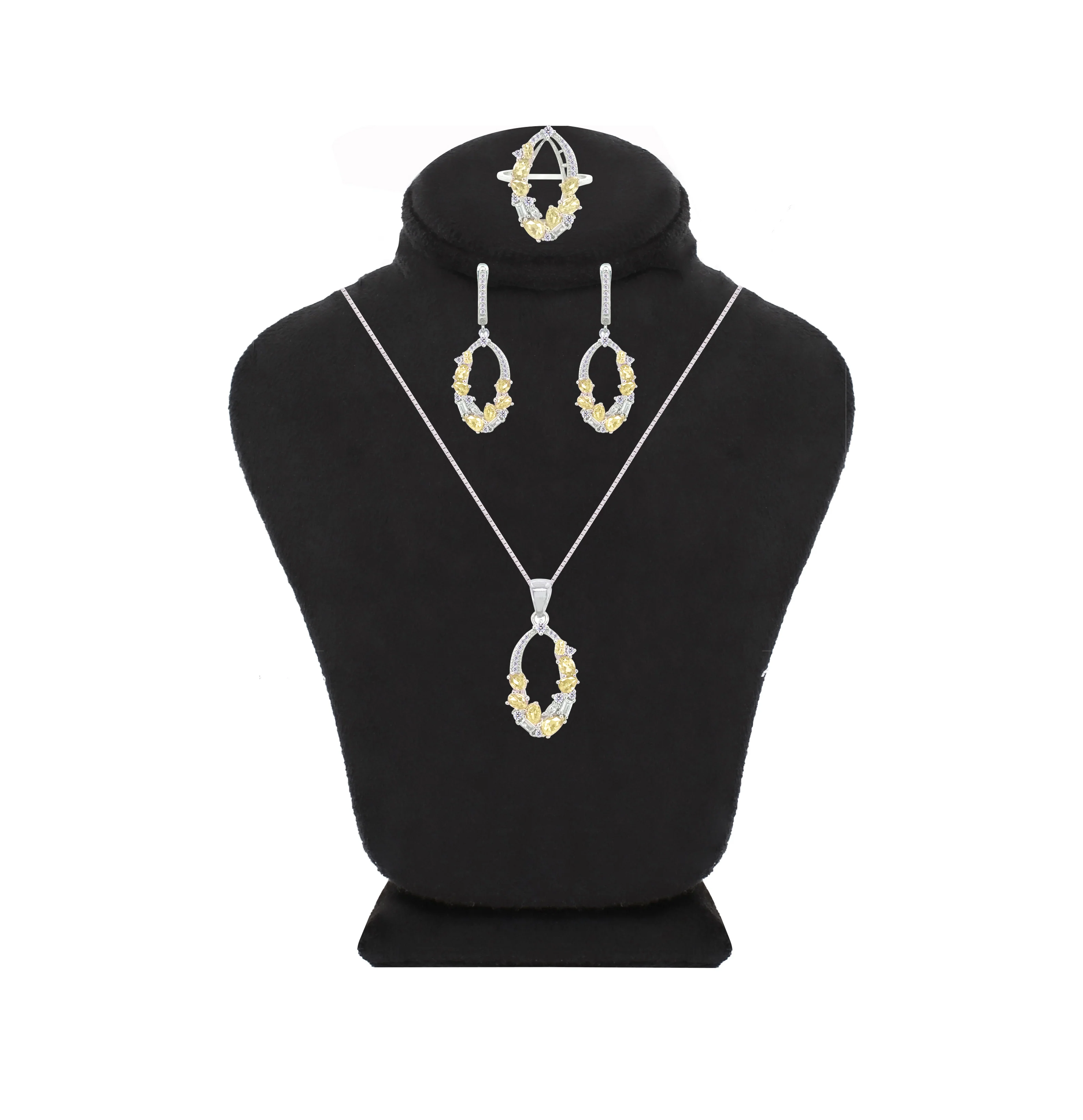 Asfour Crystal Jewelry Set With Yellow Art Deco Design In 925 Sterling Silver-SD0065-WY-7