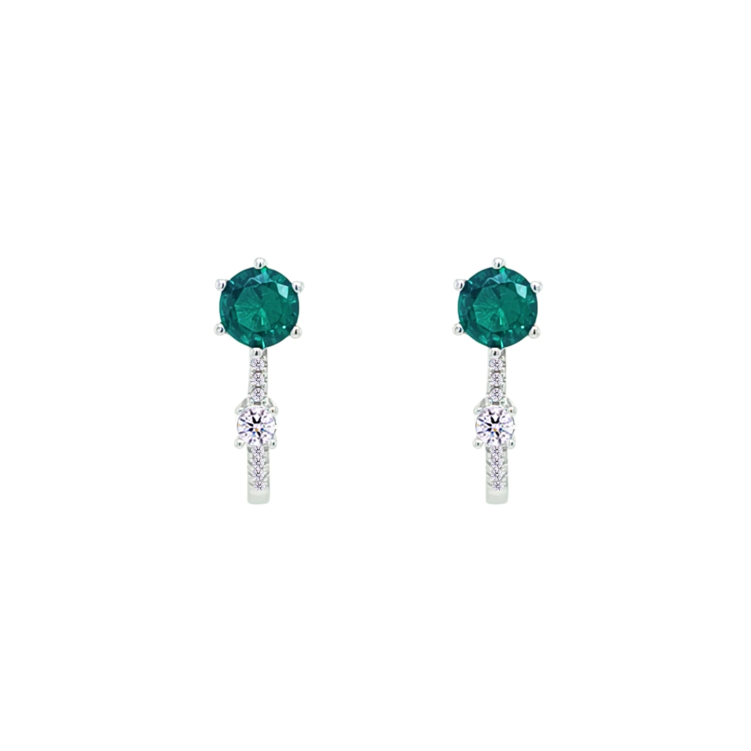 Asfour Crystal Latch Back Earring With Emerald Round Design In 925 Sterling Silver-EM0151-G