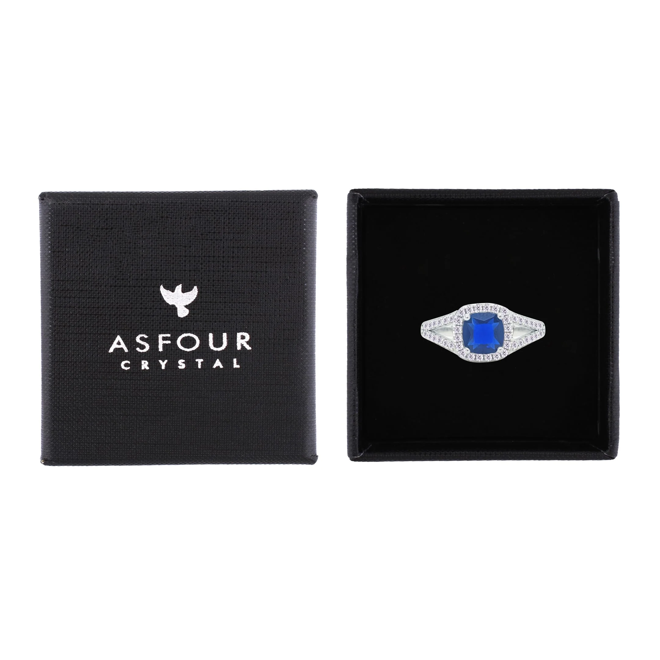 Asfour Crystal Split Shank Halo Ring With Blue Square Design In 925 Sterling Silver-RM0153-WB-9 - Image 2