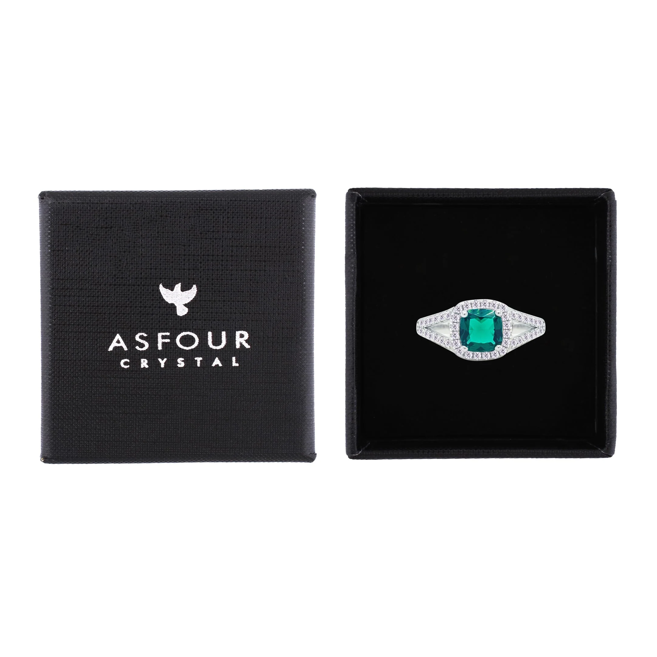 Asfour Crystal Split Shank Halo Ring With Emerald Green Square Design In 925 Sterling Silver-RM0153-WG-7 - Image 2