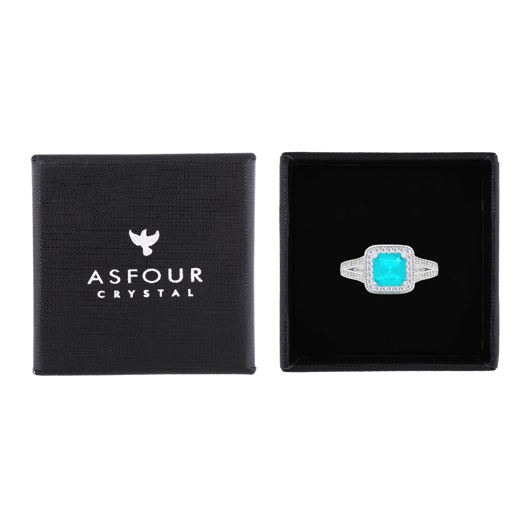 Asfour Crystal Split Shank Halo Ring With Turquoise Square Design In 925 Sterling Silver-RM0152-GC-8 - Image 2