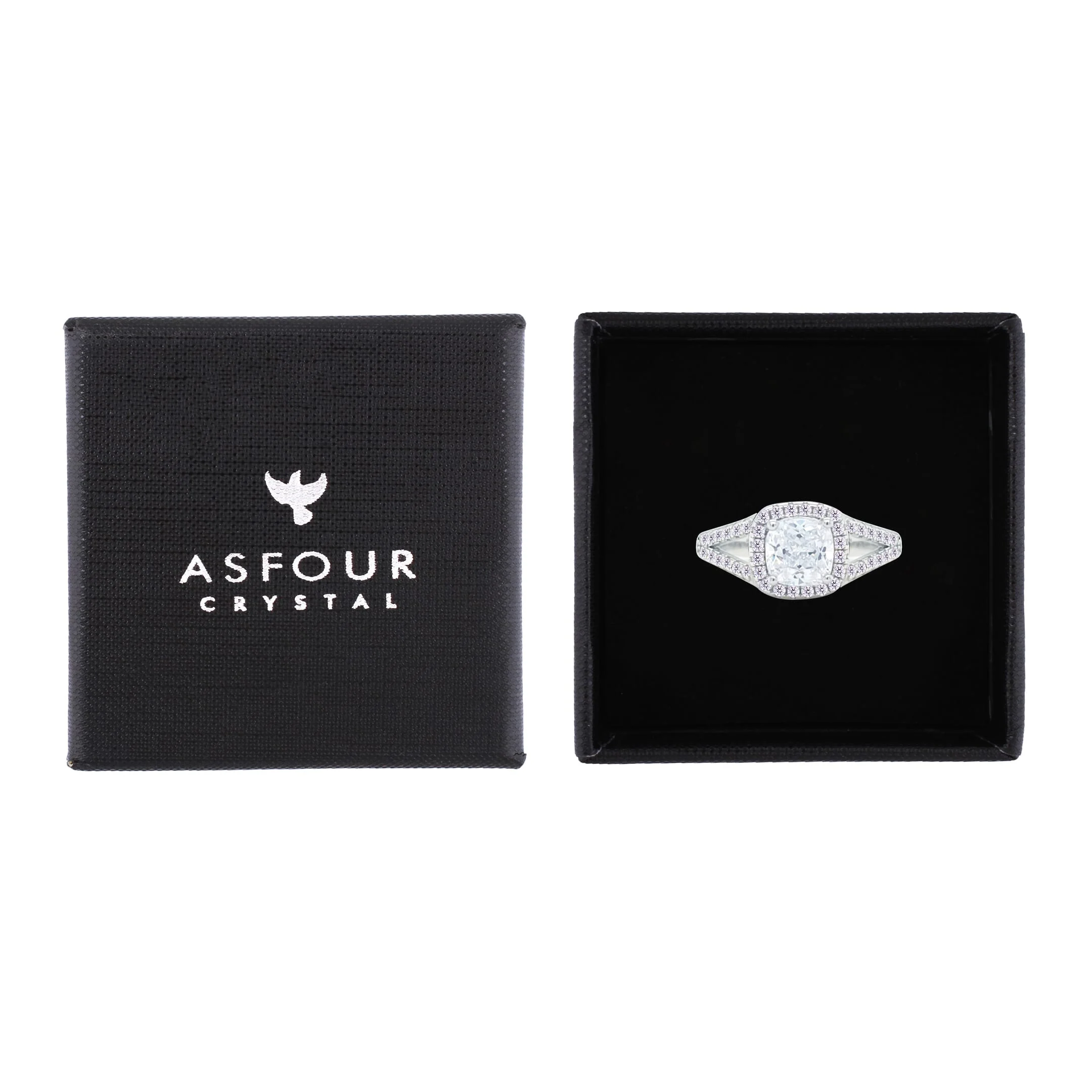 Asfour Crystal Split Shank Halo Ring With Zircon Square Design In 925 Sterling Silver-RM0153-7 - Image 2