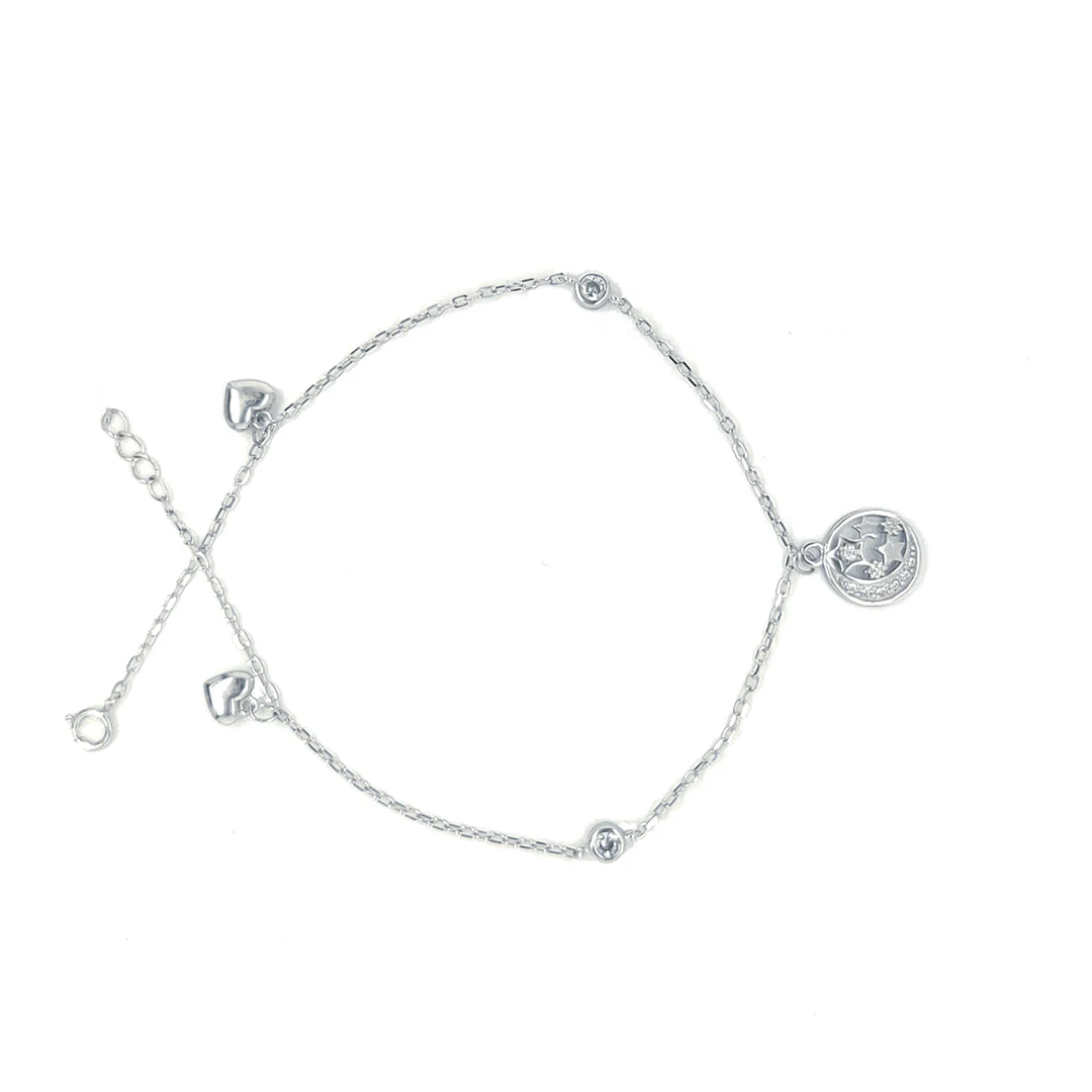 Asfour Sterling Silver 925 Crescent, Stars And Hearts Anklet - Silver
