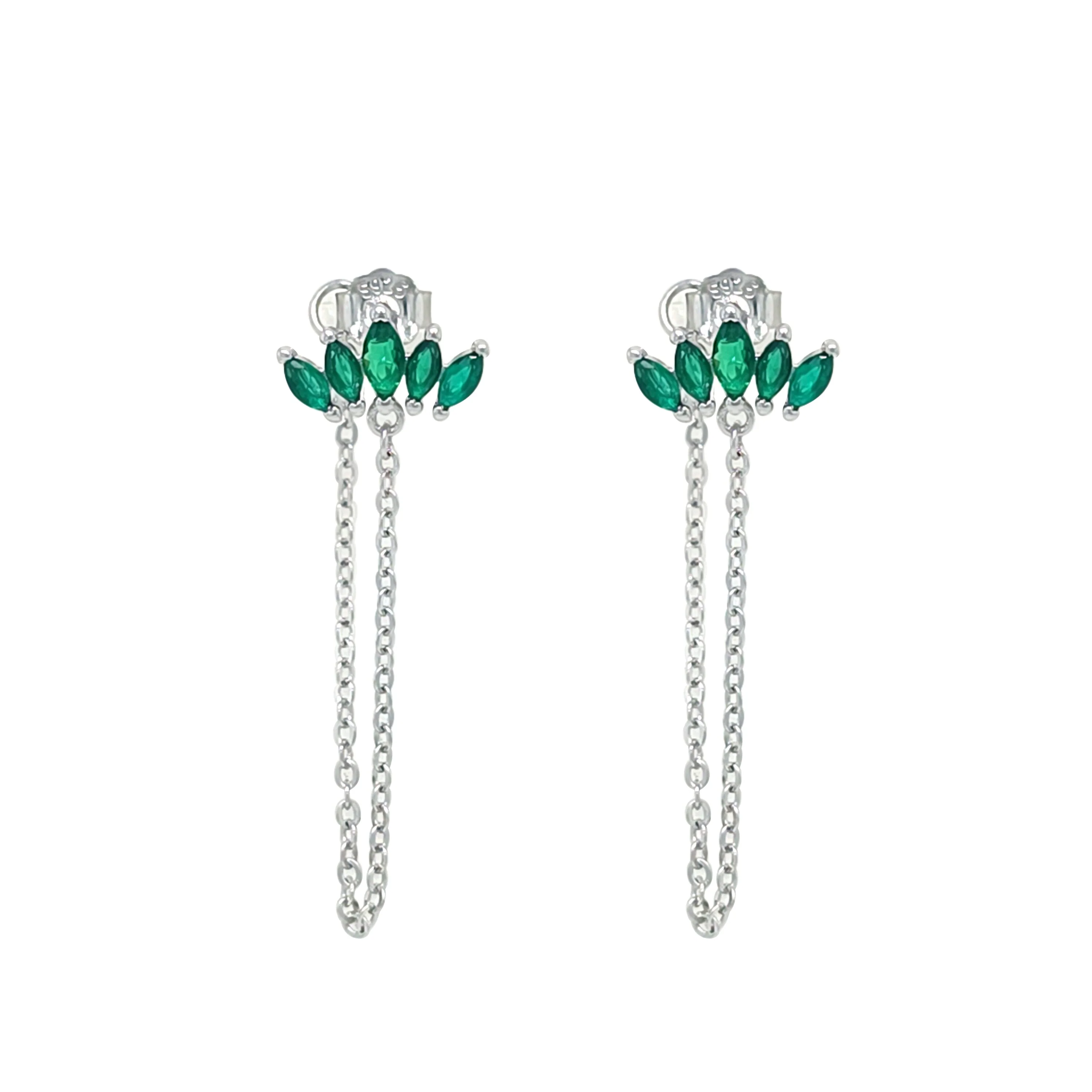 Asfour Crystal Stud Chain Earring With Emerald Marquise Zircon In 925 Sterling Silver-EM0145-G