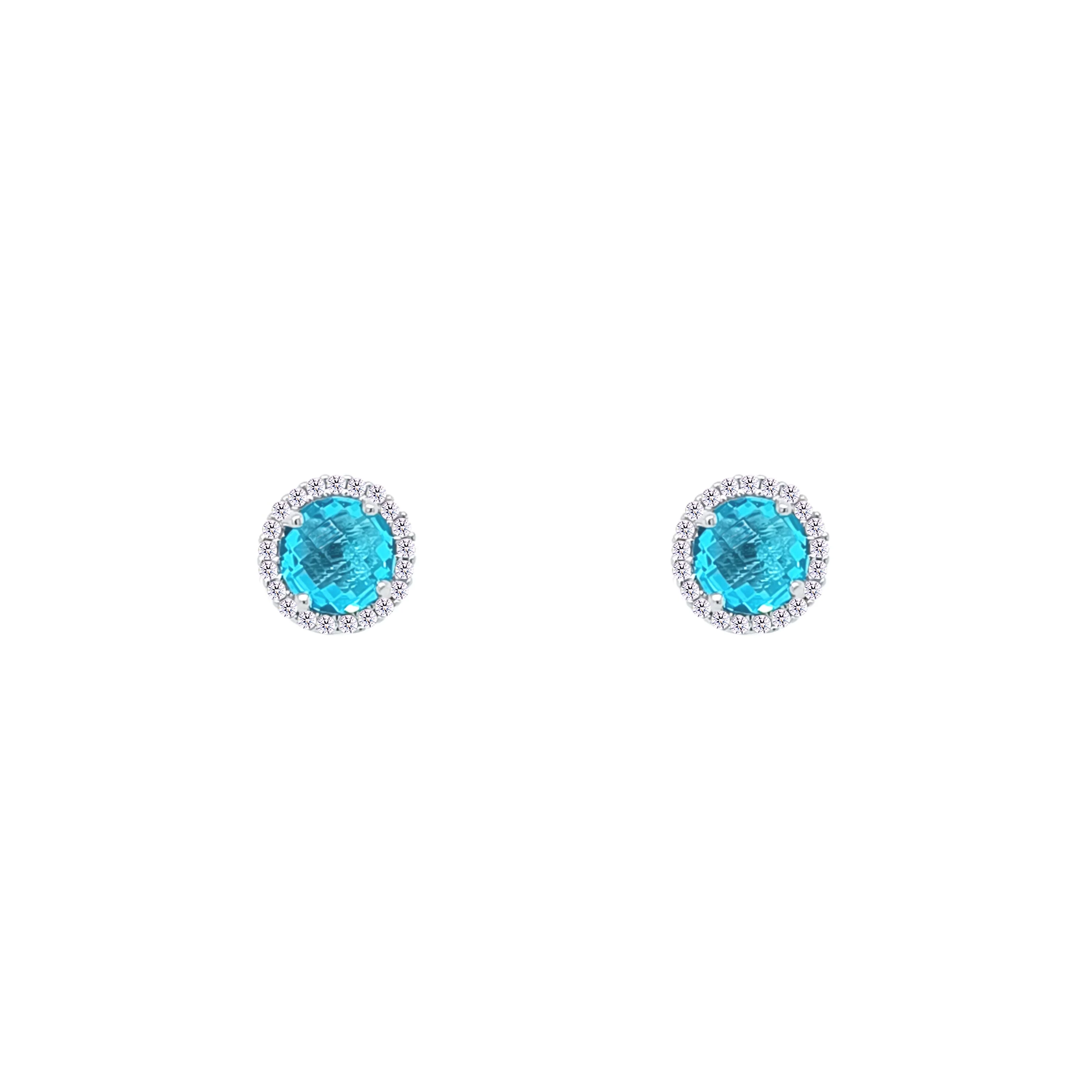 Asfour Crystal Stud Earring With Halo Aquamarine Round Design In 925 Sterling Silver-EM0128-M