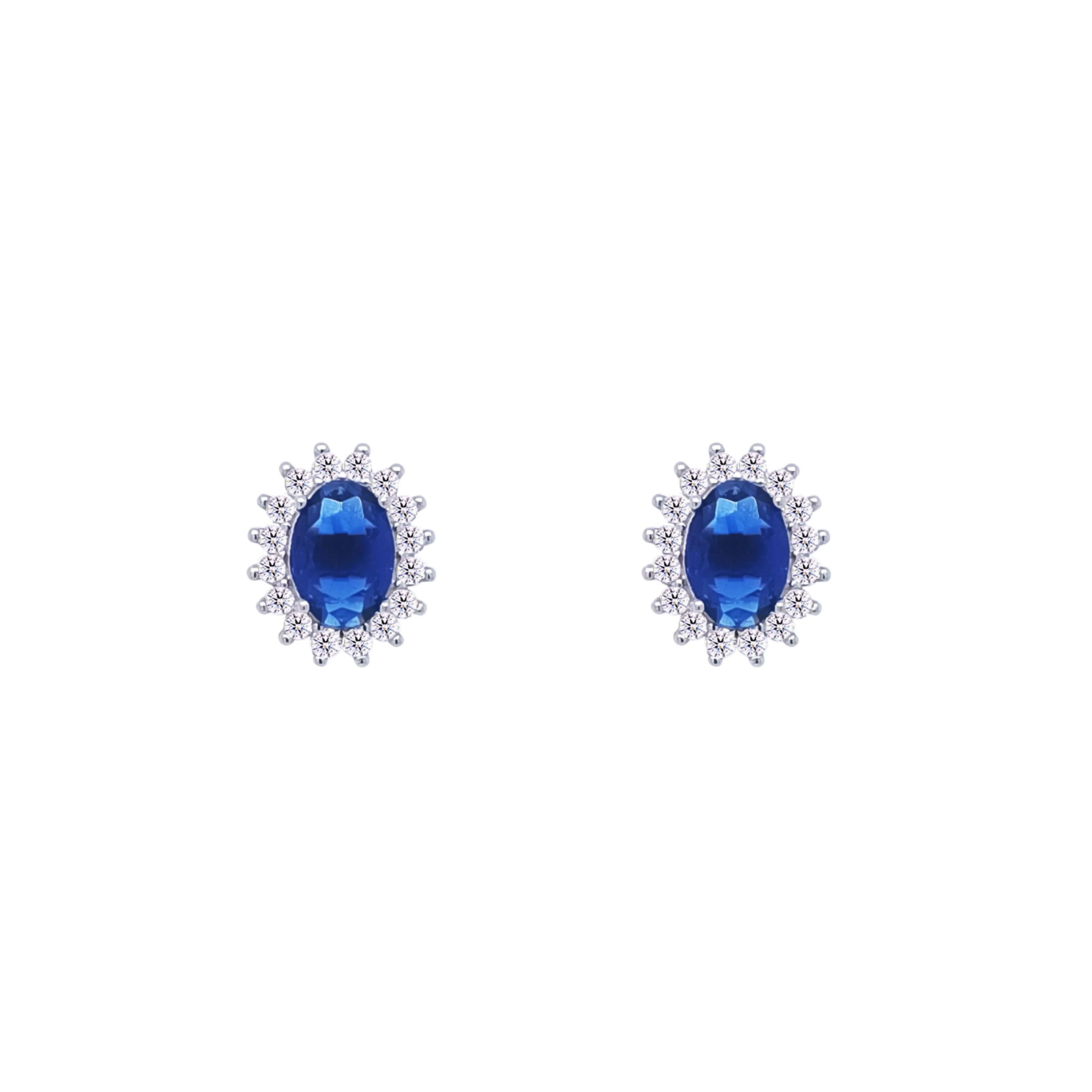 Asfour Crystal Stud Earring With Halo Blue Oval Design In 925 Sterling Silver-EM0104-B