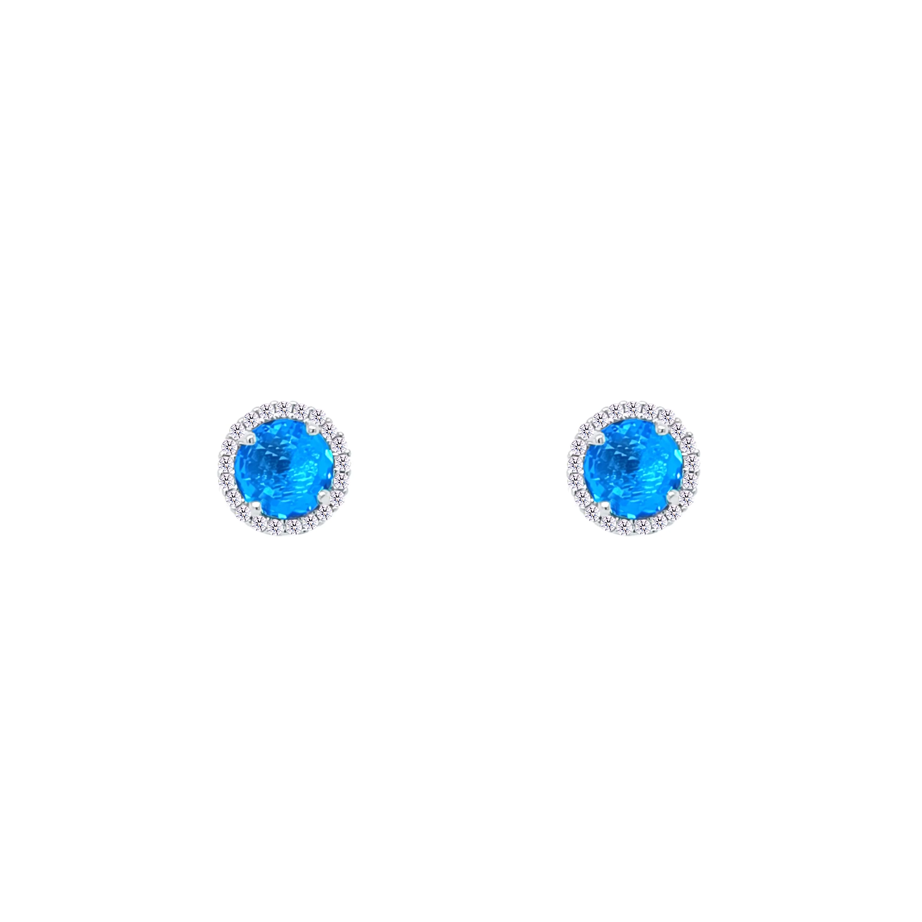 Asfour Crystal Stud Earring With Halo Dark Aquamarine Round Design In 925 Sterling Silver-EM0128-M5