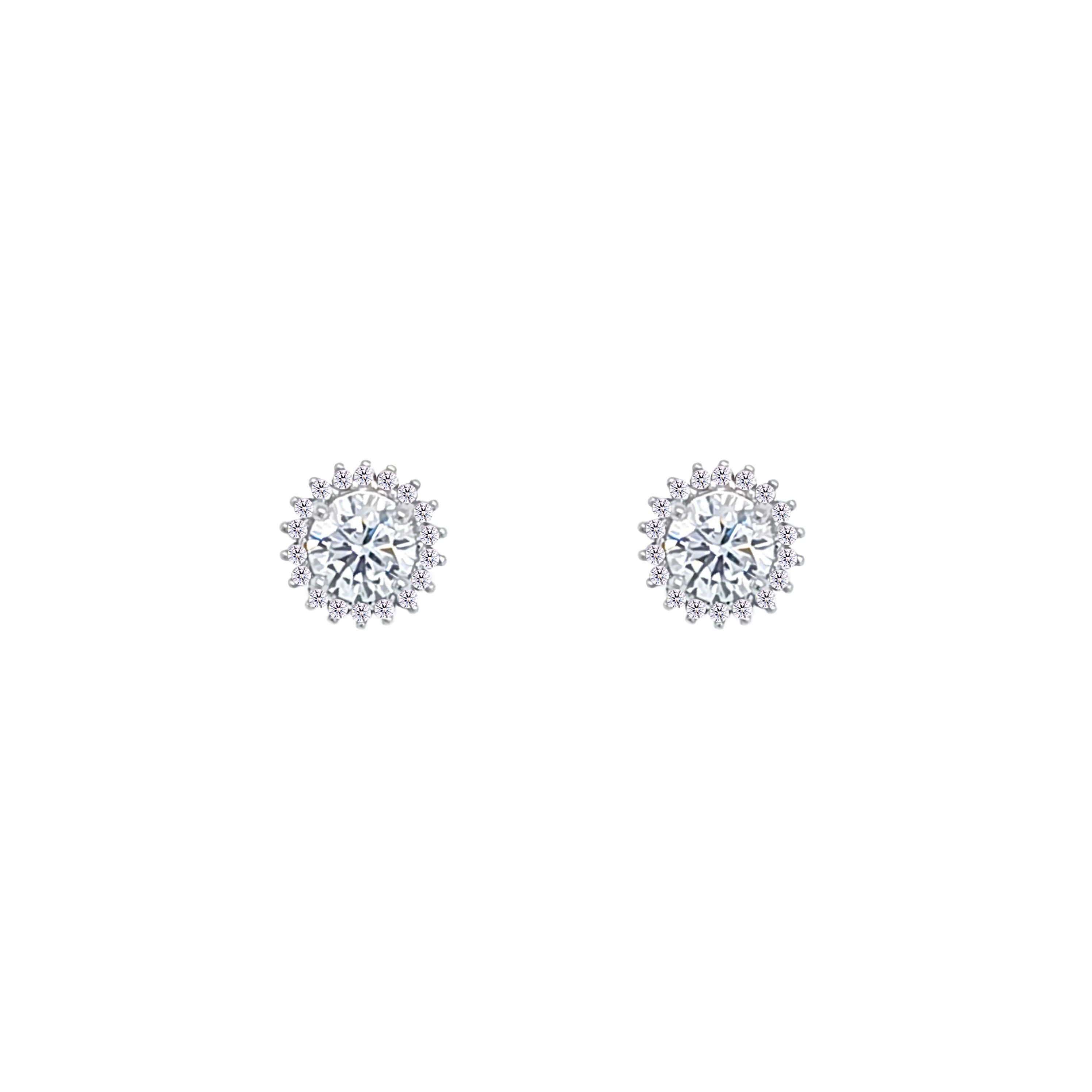 Asfour Crystal Stud Earring With Halo Round Zircon In 925 Sterling Silver-EM0129