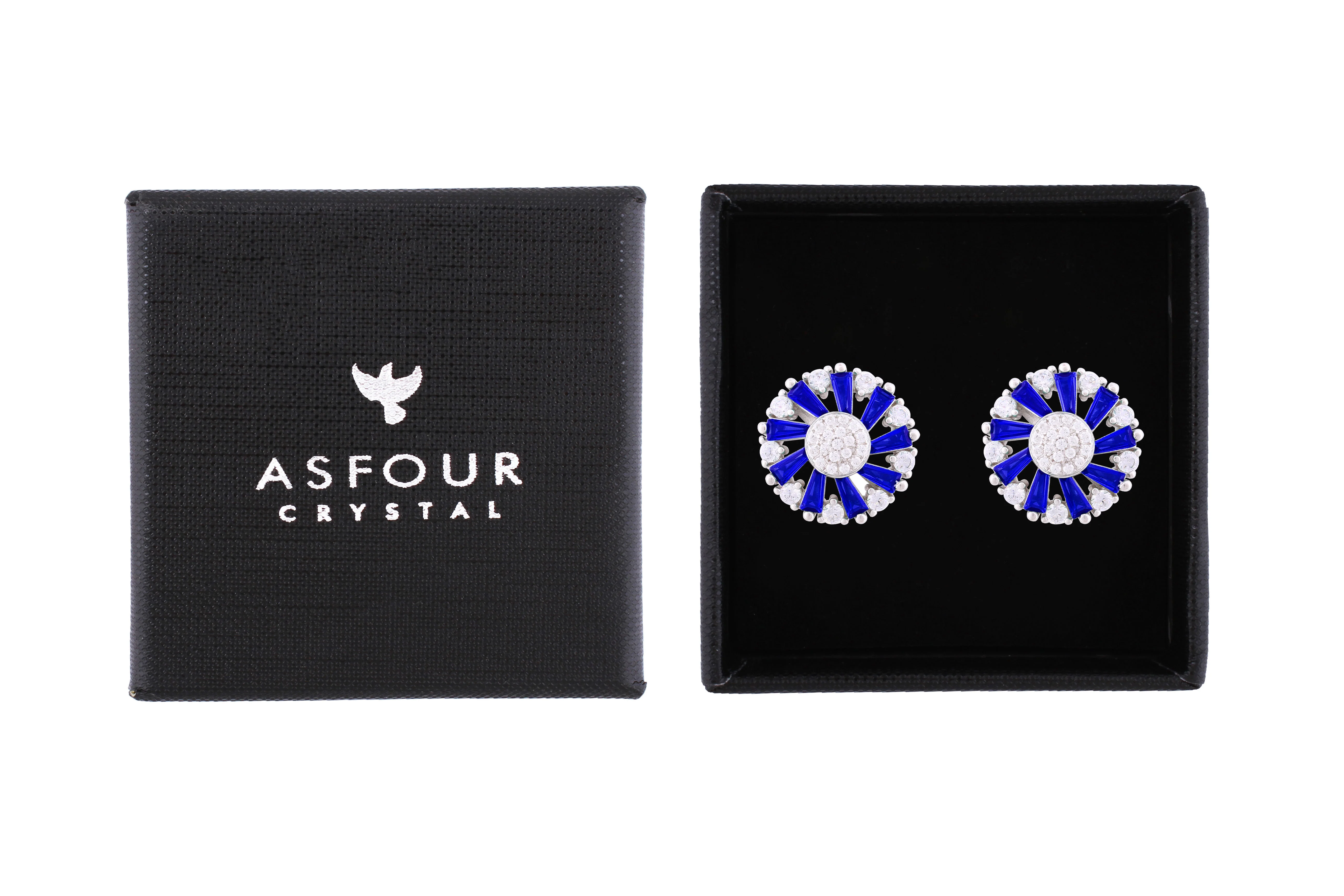 Asfour Crystal Stud Earrings With Blue Circle Design In 925 Sterling Silver ED0105-WB - Image 2