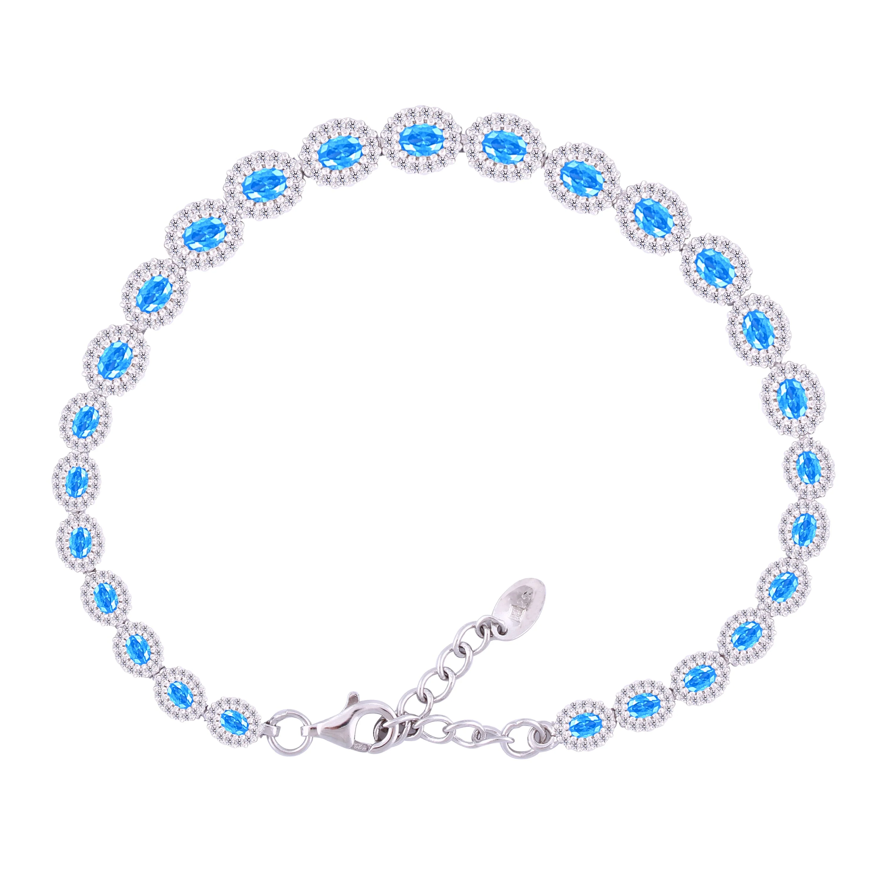 Asfour Crystal Tennis Bracelet With Aquamarine Oval Design In 925 Sterling Silver-BM0020-WM