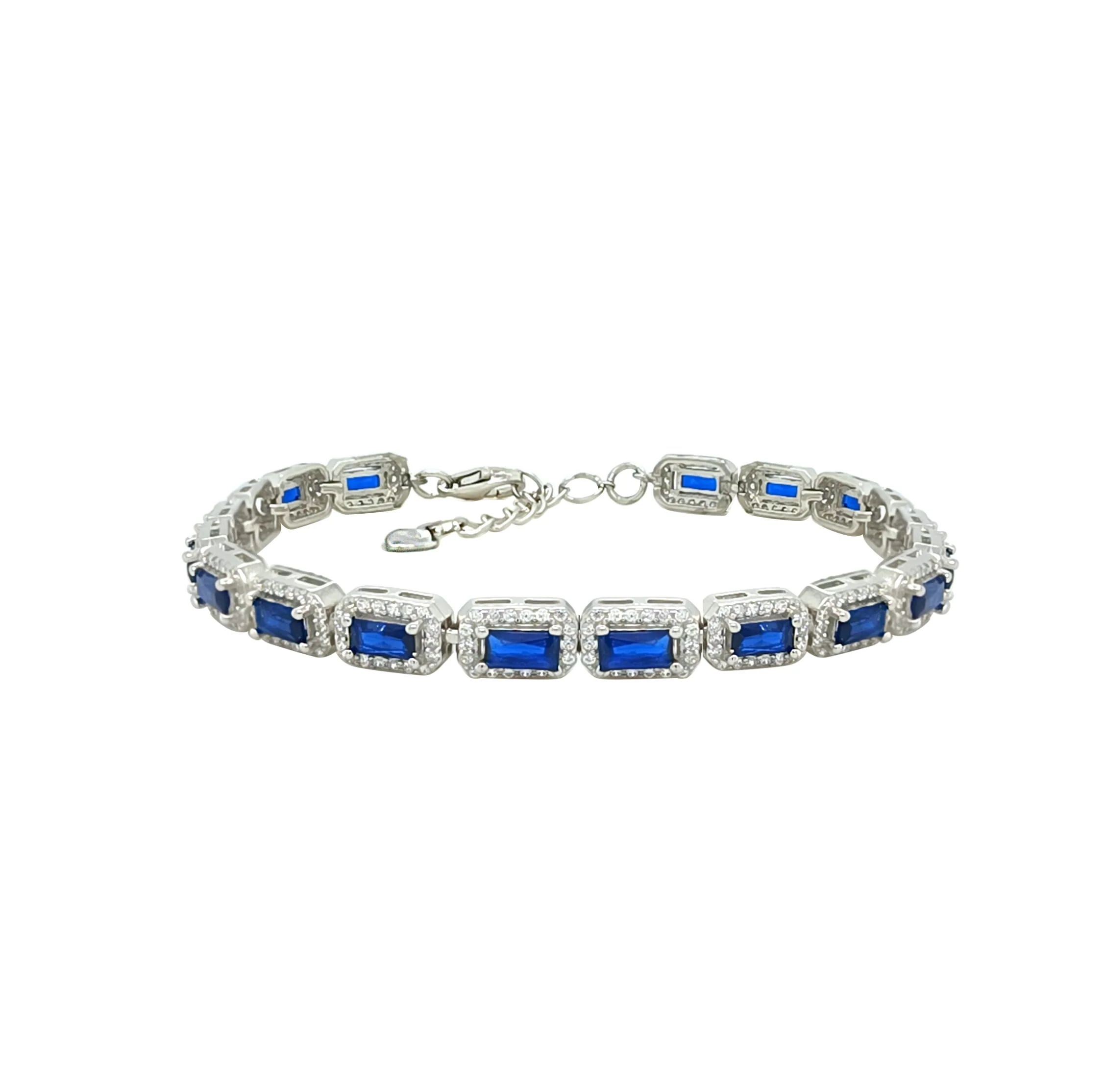 Asfour Crystal Tennis Bracelet With Blue Emerald Design In 925 Sterling Silver-BM0063-Q-WB