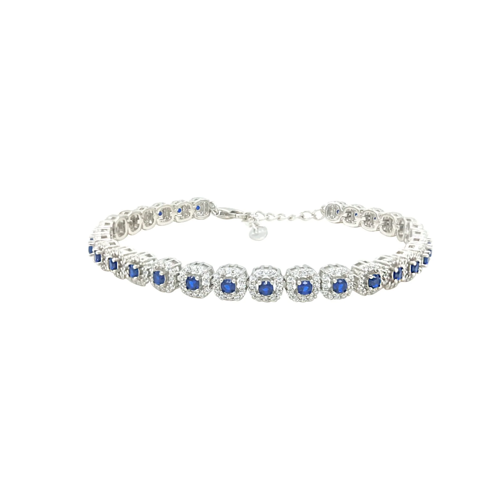 Asfour Crystal Tennis Bracelet With Blue Round Design In 925 Sterling Silver-BM0067-WB