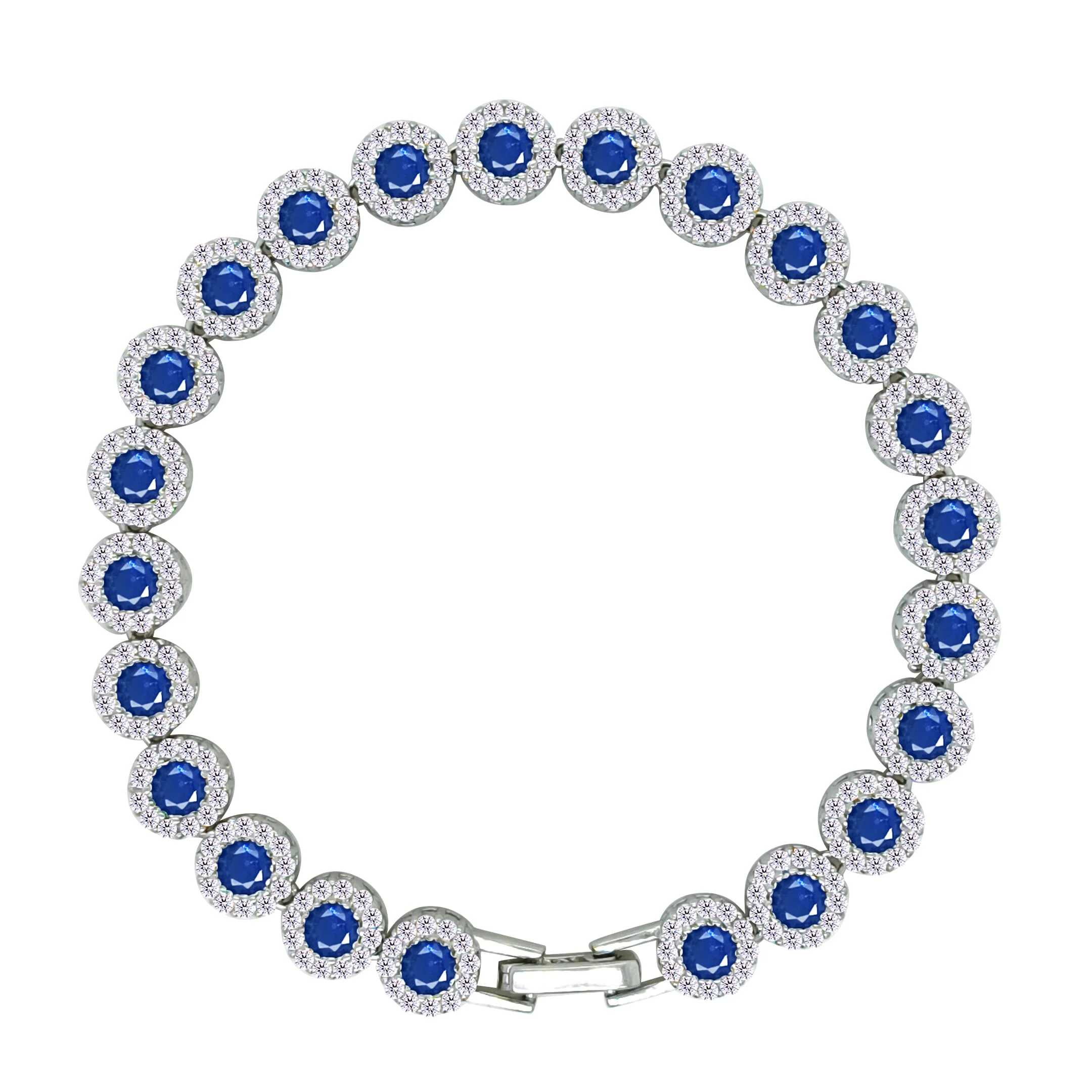 Asfour Crystal Tennis Bracelet With Blue Round Zircon Stones In 925 Sterling Silver-BM0068-WB