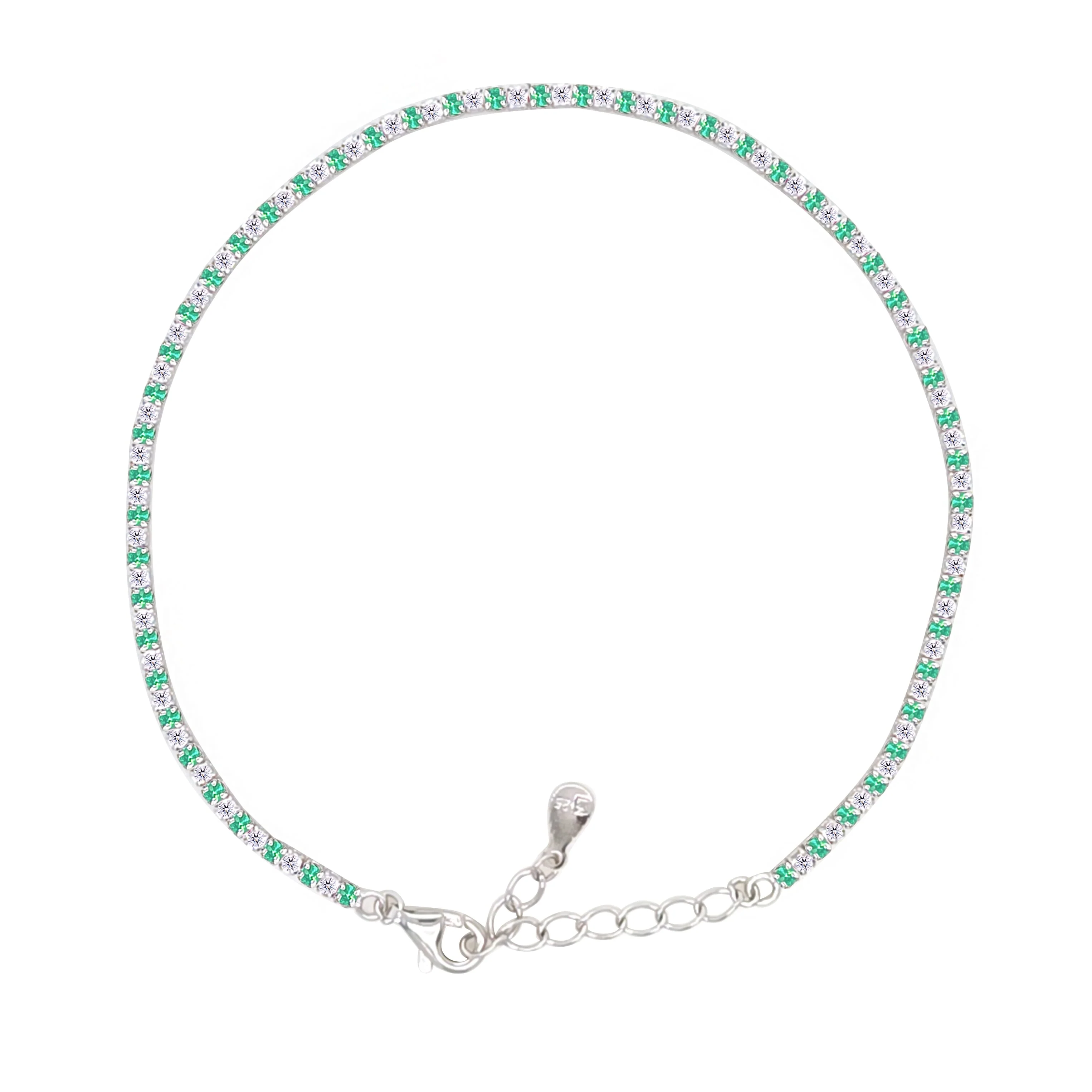 Asfour Crystal Tennis Bracelet With Emerald & Clear Round Design In 925 Sterling Silver-BM0134-WG