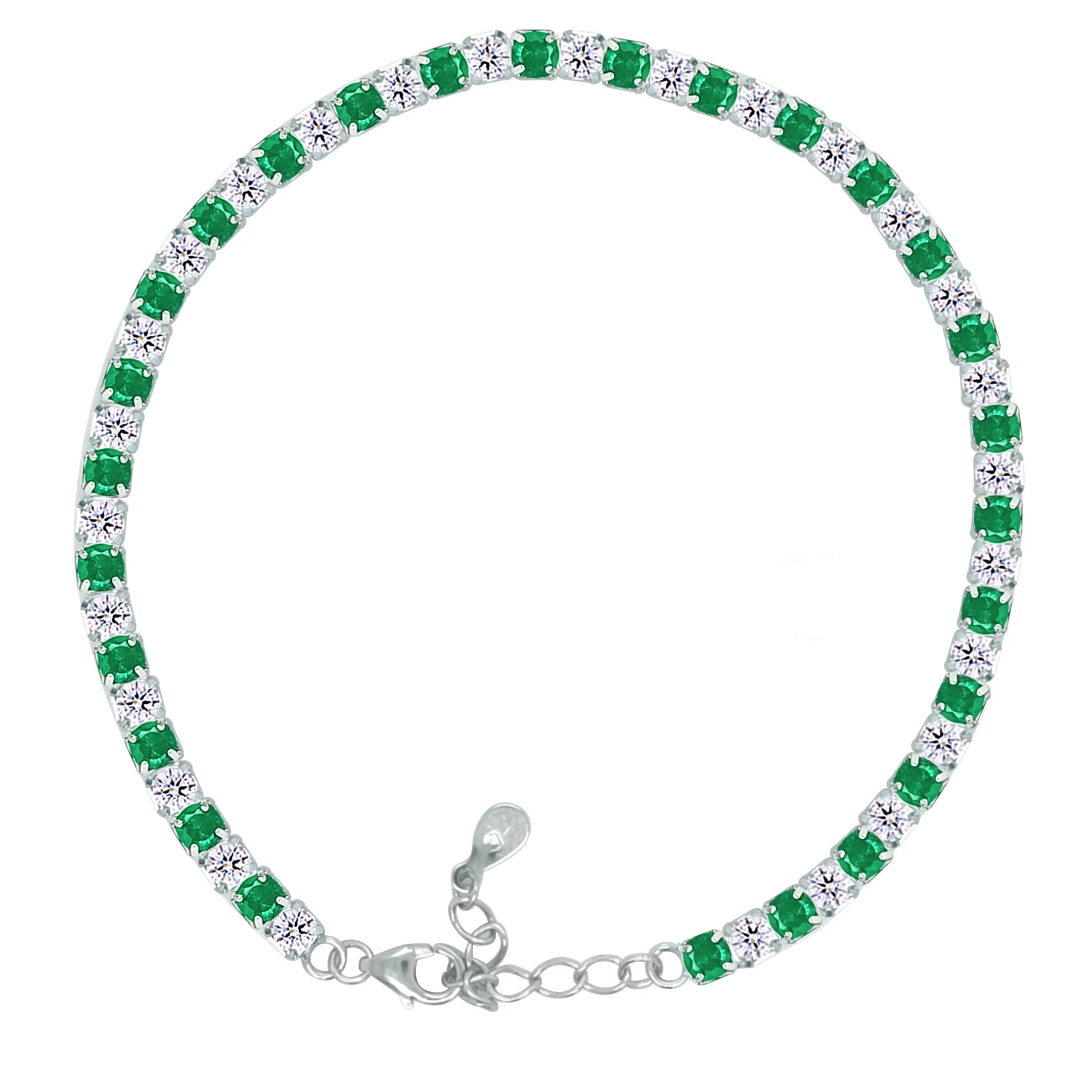 Asfour Crystal Tennis Bracelet With Emerald & Clear Zircon In 925 Sterling Silver-BM0003-WG