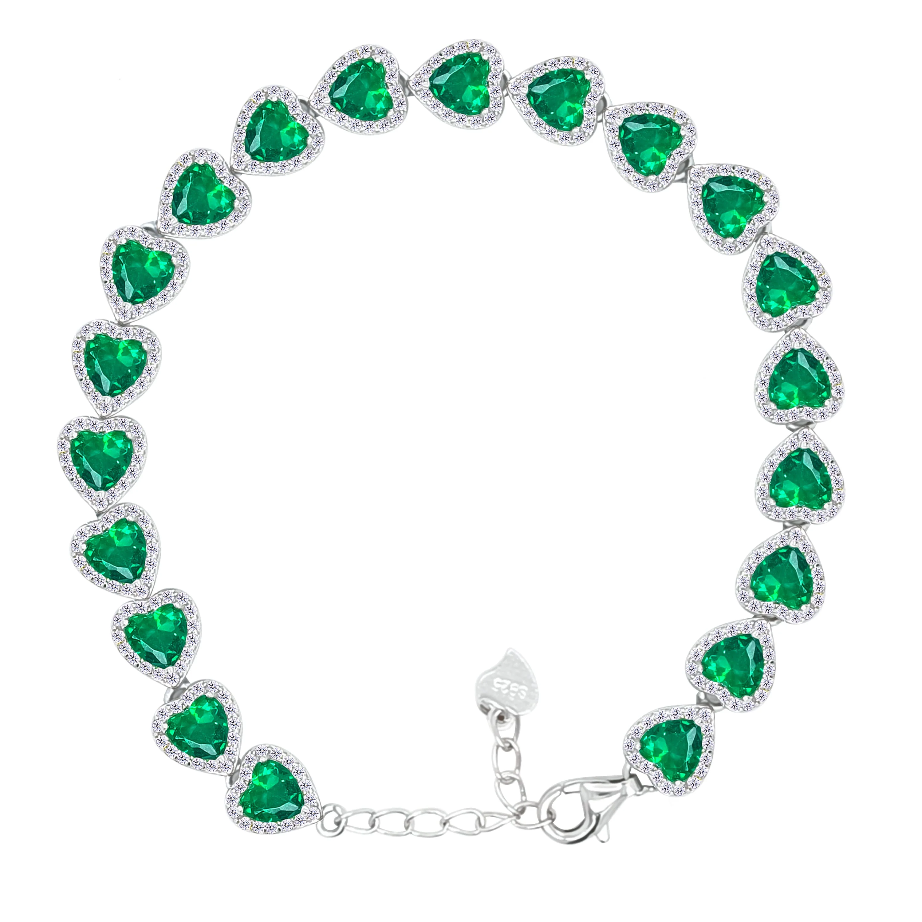 Asfour Crystal Tennis Bracelet With Emerald Hearts Design In 925 Sterling Silver-BD0322-G