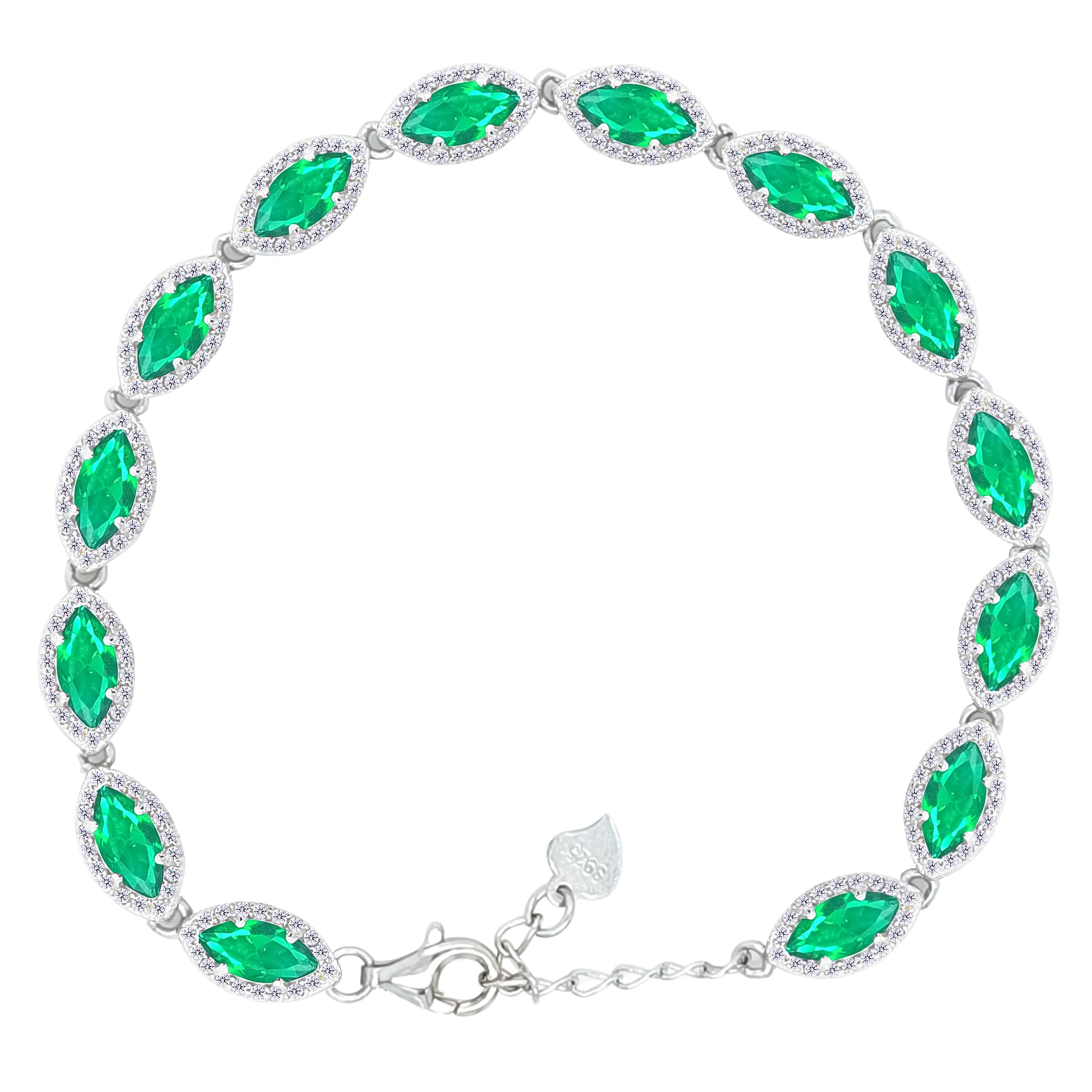 Asfour Crystal Tennis Bracelet With Emerald Marquise Design In 925 Sterling Silver-BD0274-G