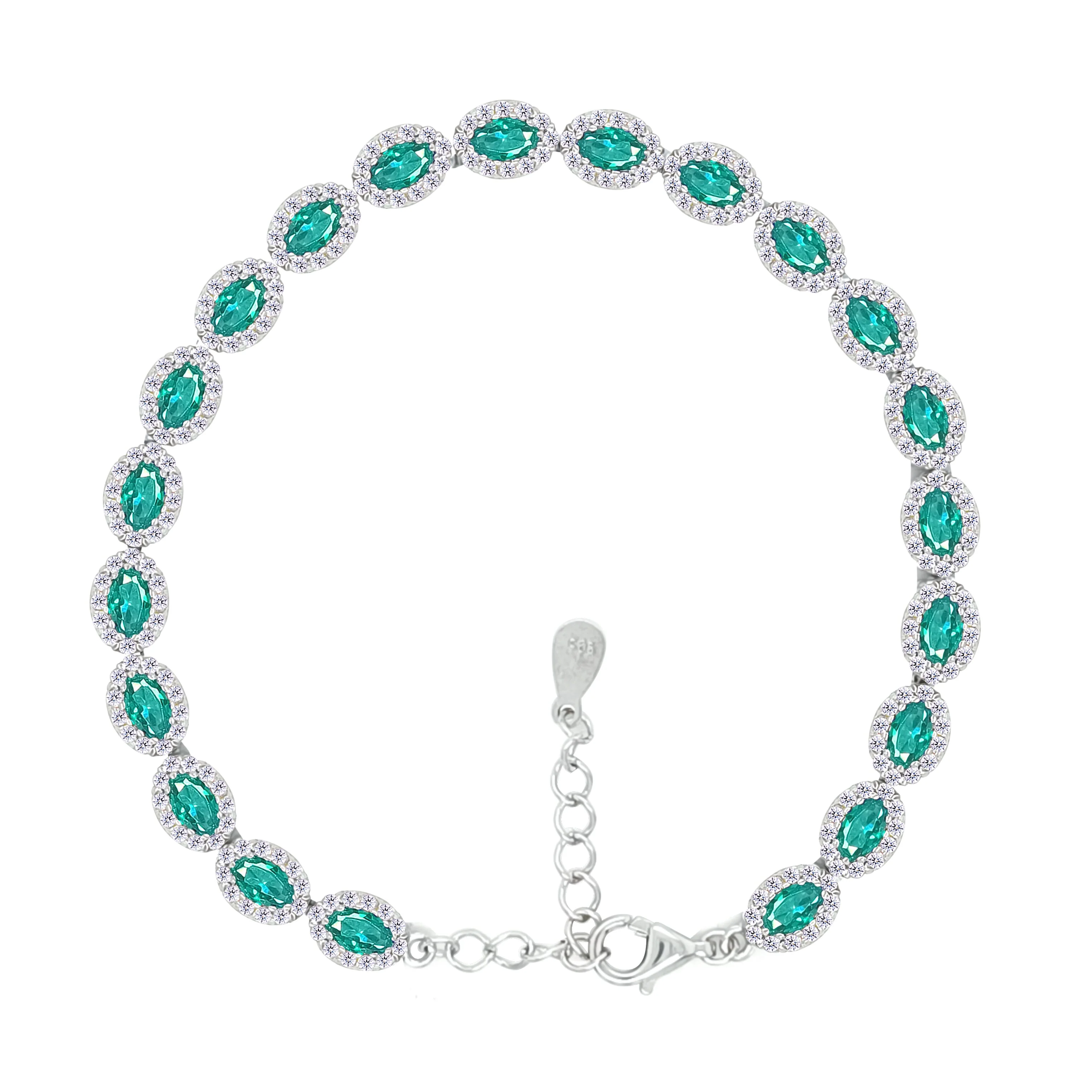 Asfour Crystal Tennis Bracelet With Emerald Oval Design In 925 Sterling Silver-BD0286-WG