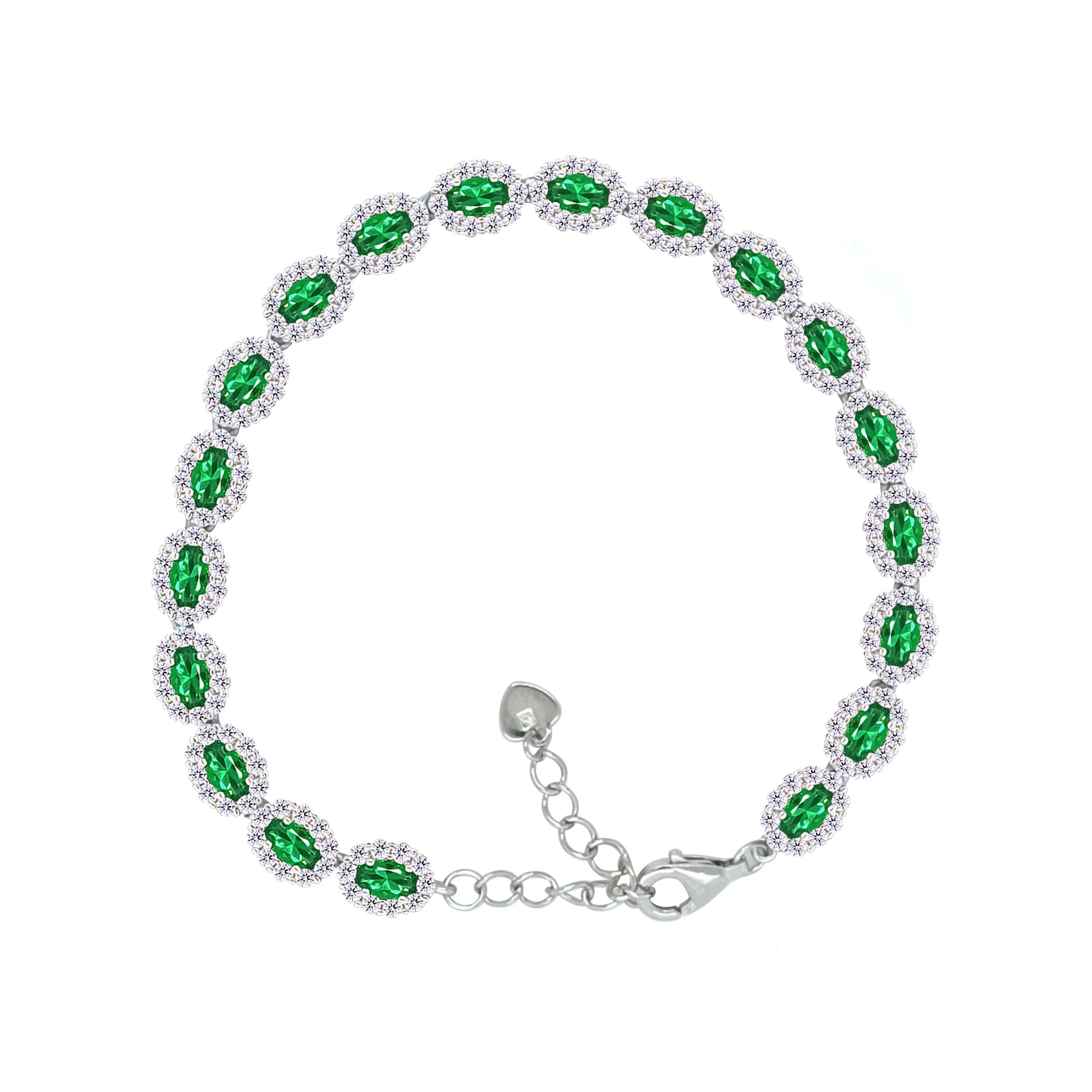 Asfour Crystal Tennis Bracelet With Emerald Oval Design In 925 Sterling Silver-BM0087-WG