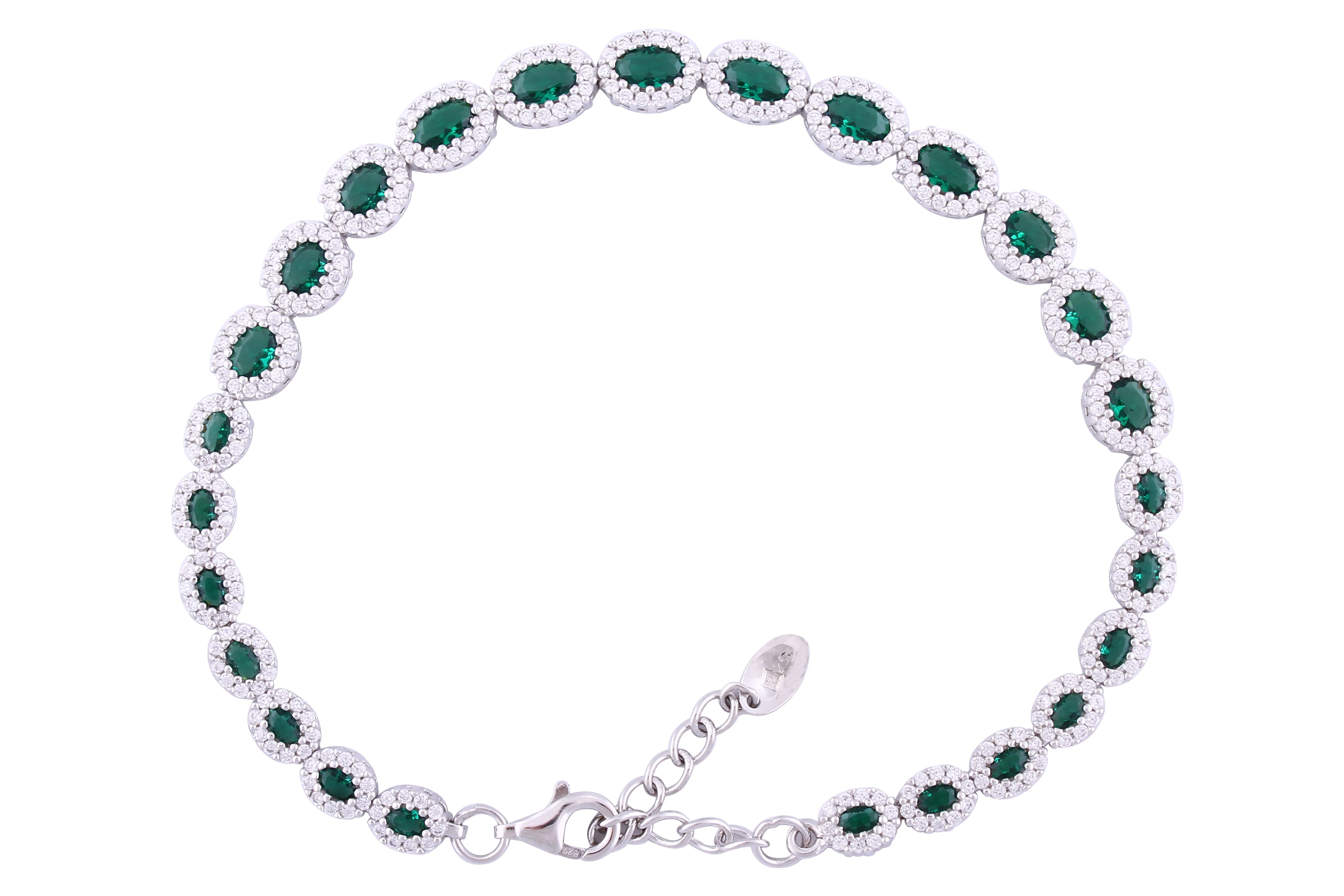 Asfour Crystal Tennis Bracelet With Emerald Oval Zircon In 925 Sterling Silver-BM0020-WG