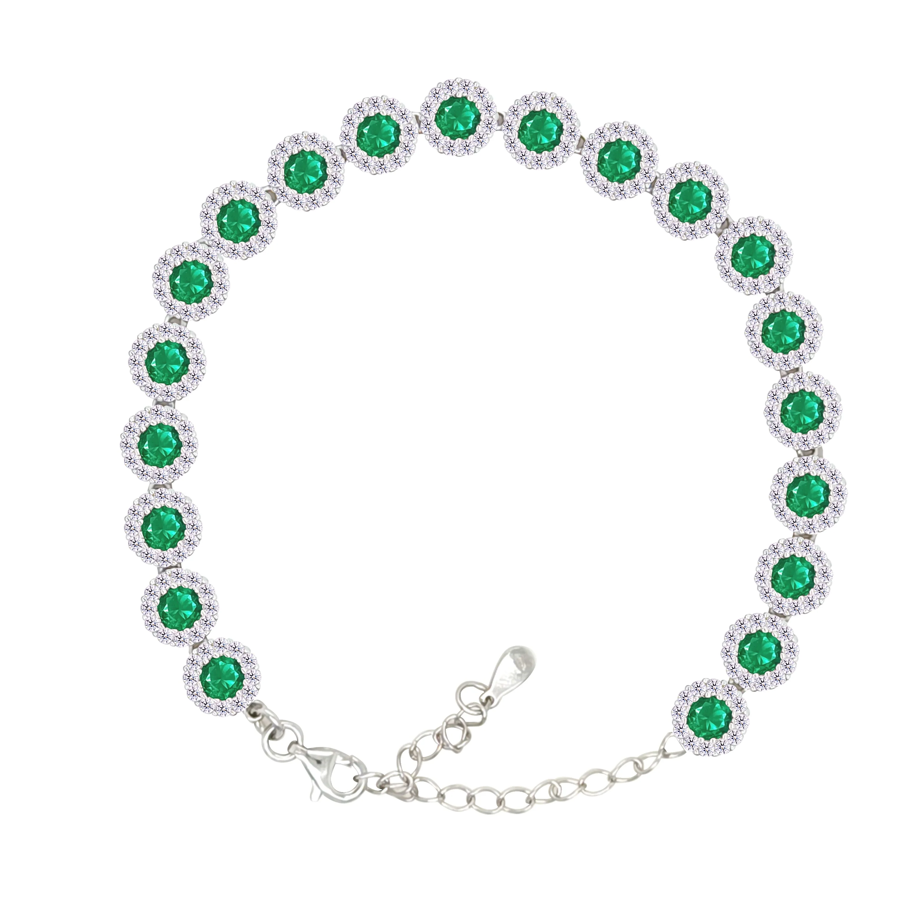Asfour Crystal Tennis Bracelet With Emerald Round Design In 925 Sterling Silver-BM0164-WG