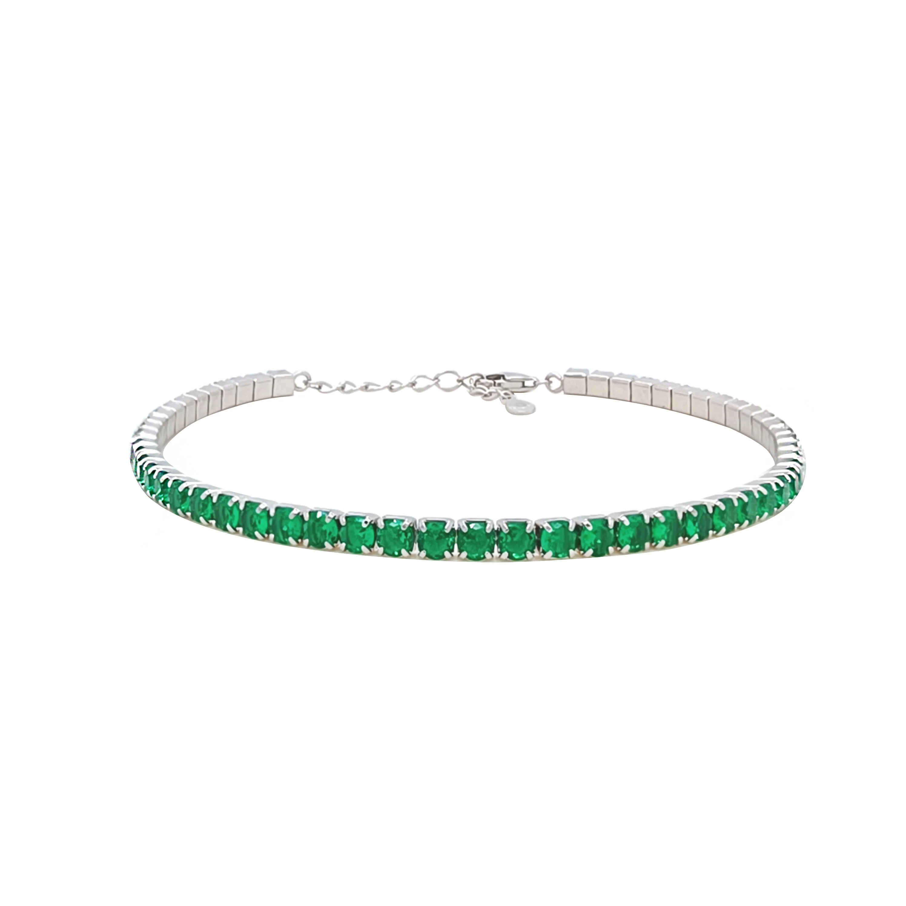 Asfour Crystal Tennis Bracelet With Emerald Round Design In 925 Sterling Silver-BM0166-G