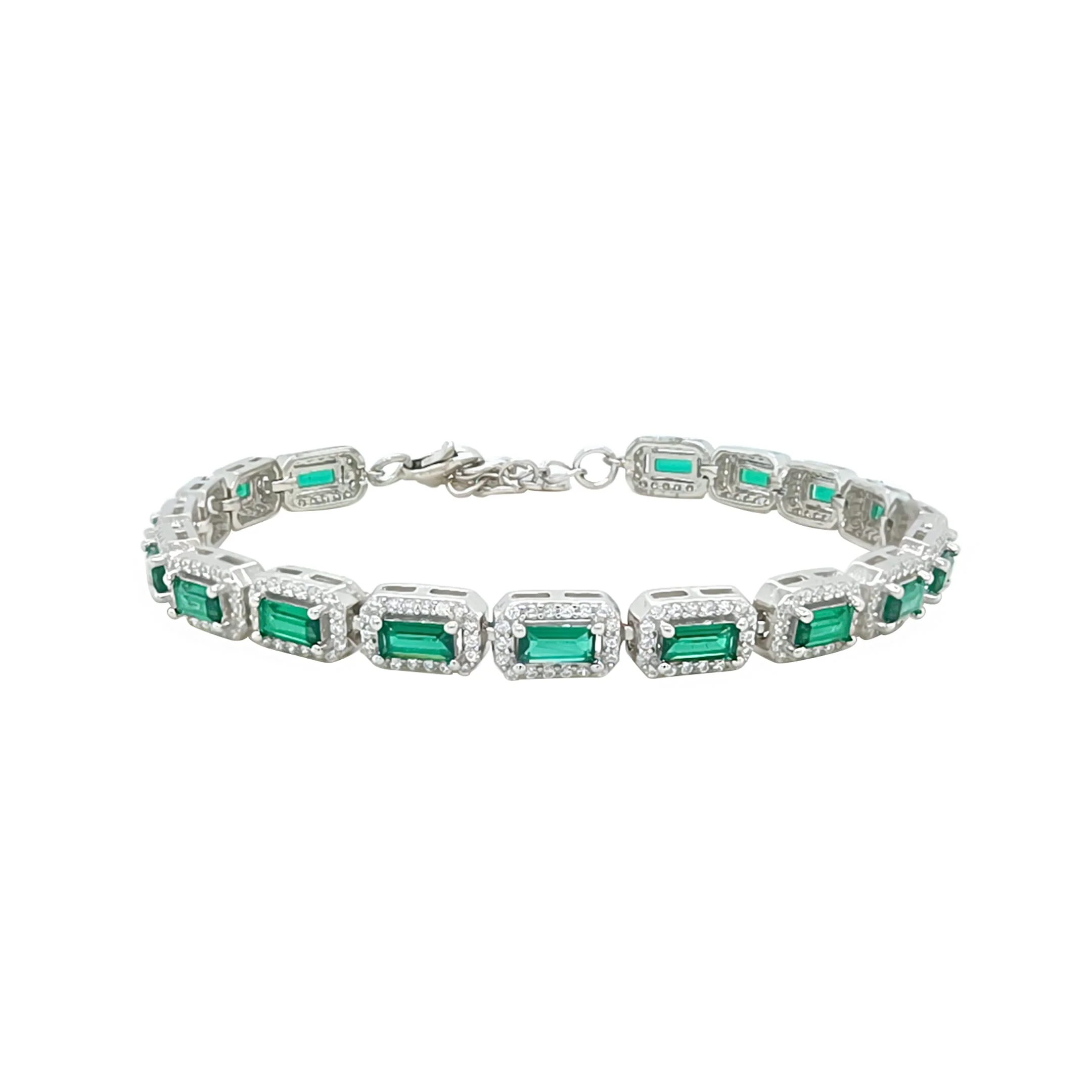 Asfour Crystal Tennis Bracelet With Emerald Zircon Design In 925 Sterling Silver-BM0063-Q-WG