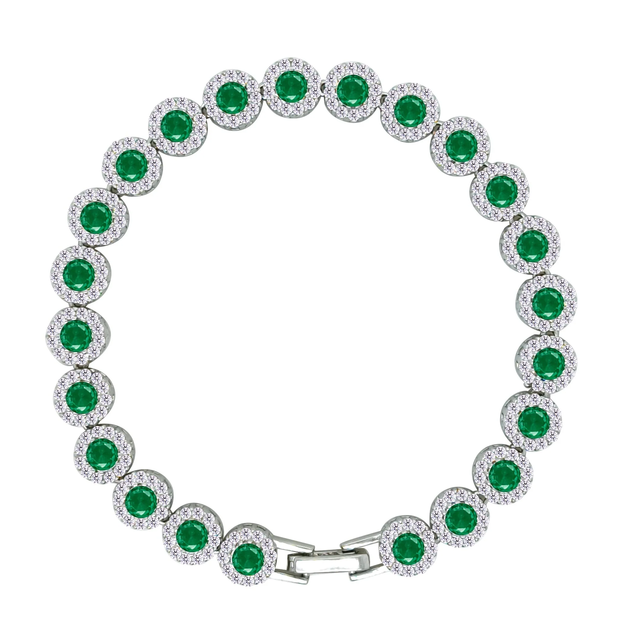 Asfour Crystal Tennis Bracelet With Emerald Zircon Round Design In 925 Sterling Silver-BM0068-WG