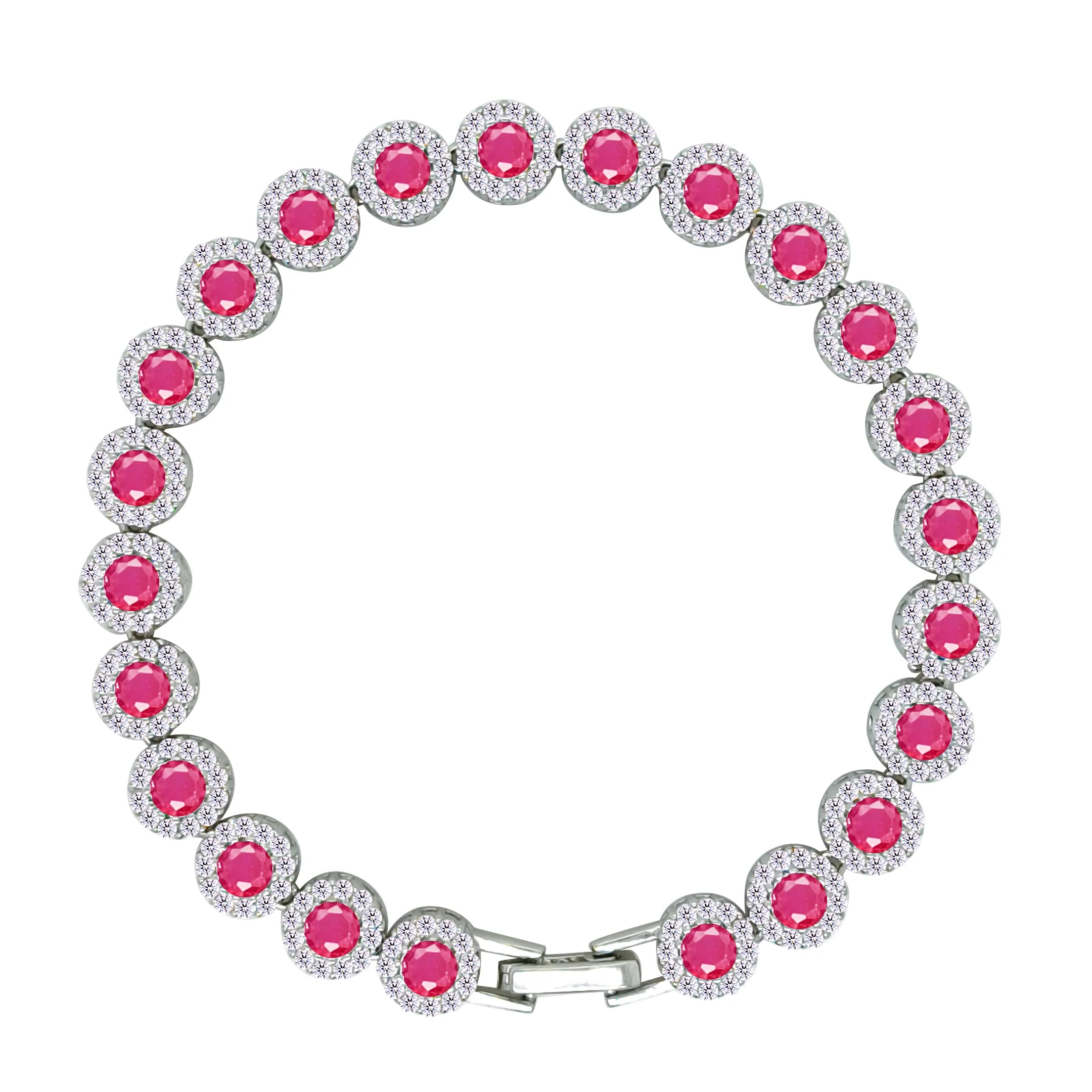 Asfour Crystal Tennis Bracelet With Fuchsia Round Design In 925 Sterling Silver-BM0068-WF