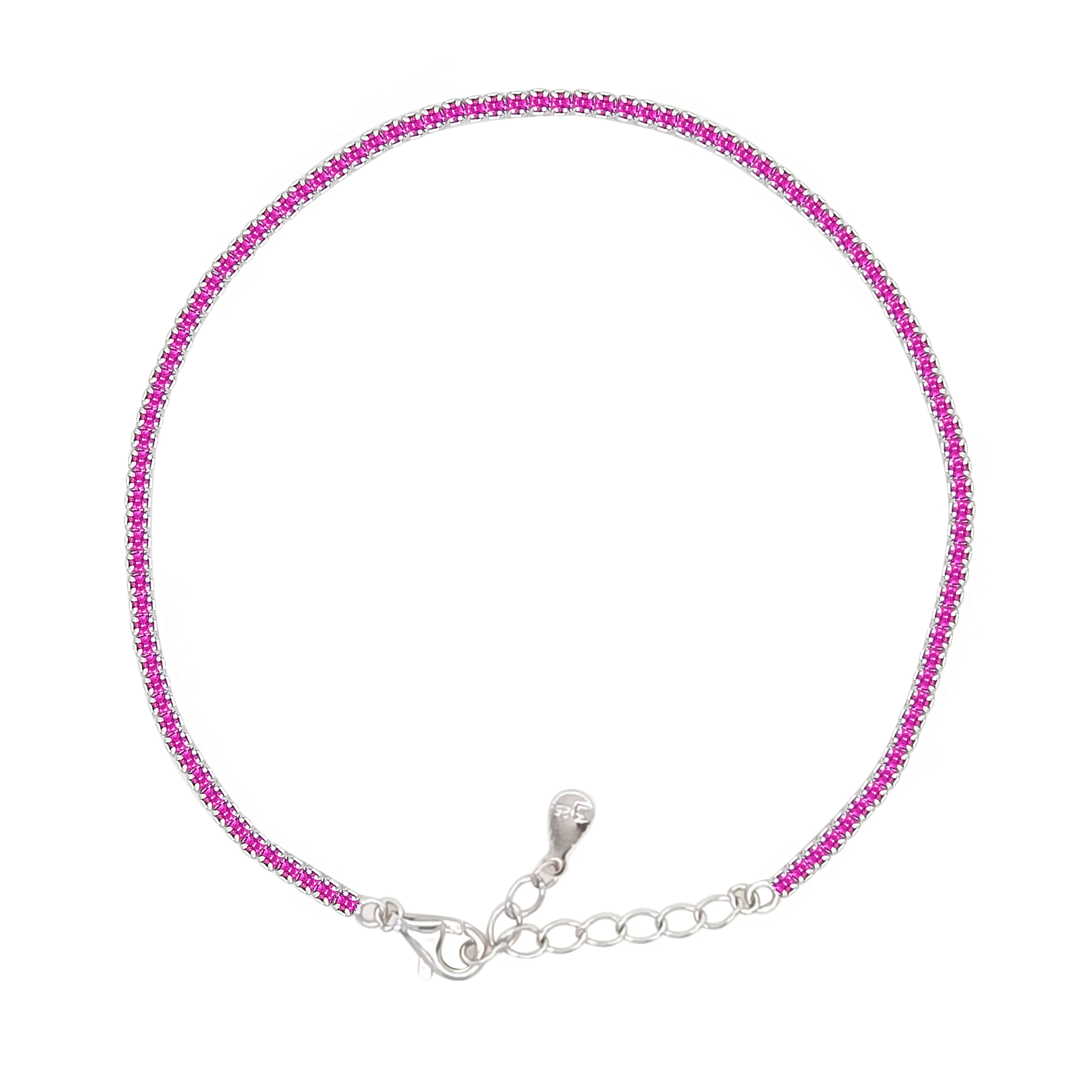 Asfour Crystal Tennis Bracelet With Fuchsia Round Design In 925 Sterling Silver-BM0134-F