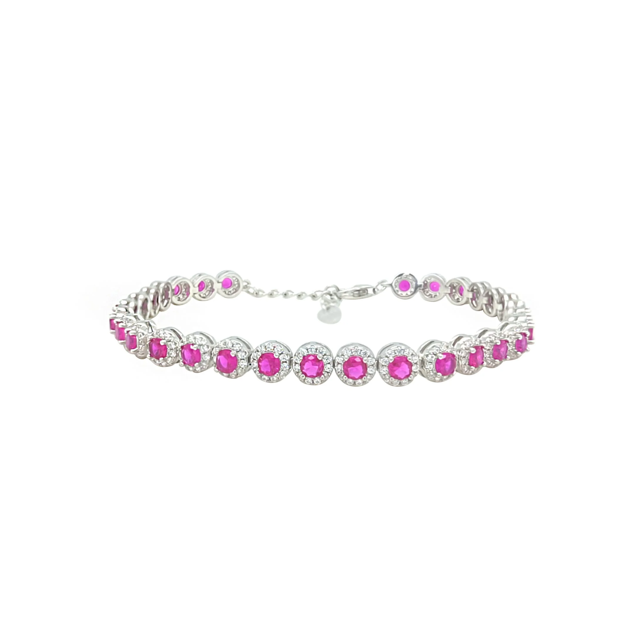 Asfour Crystal Tennis Bracelet With Fuchsia Round Zircon Design In 925 Sterling Silver-BM0070-WF
