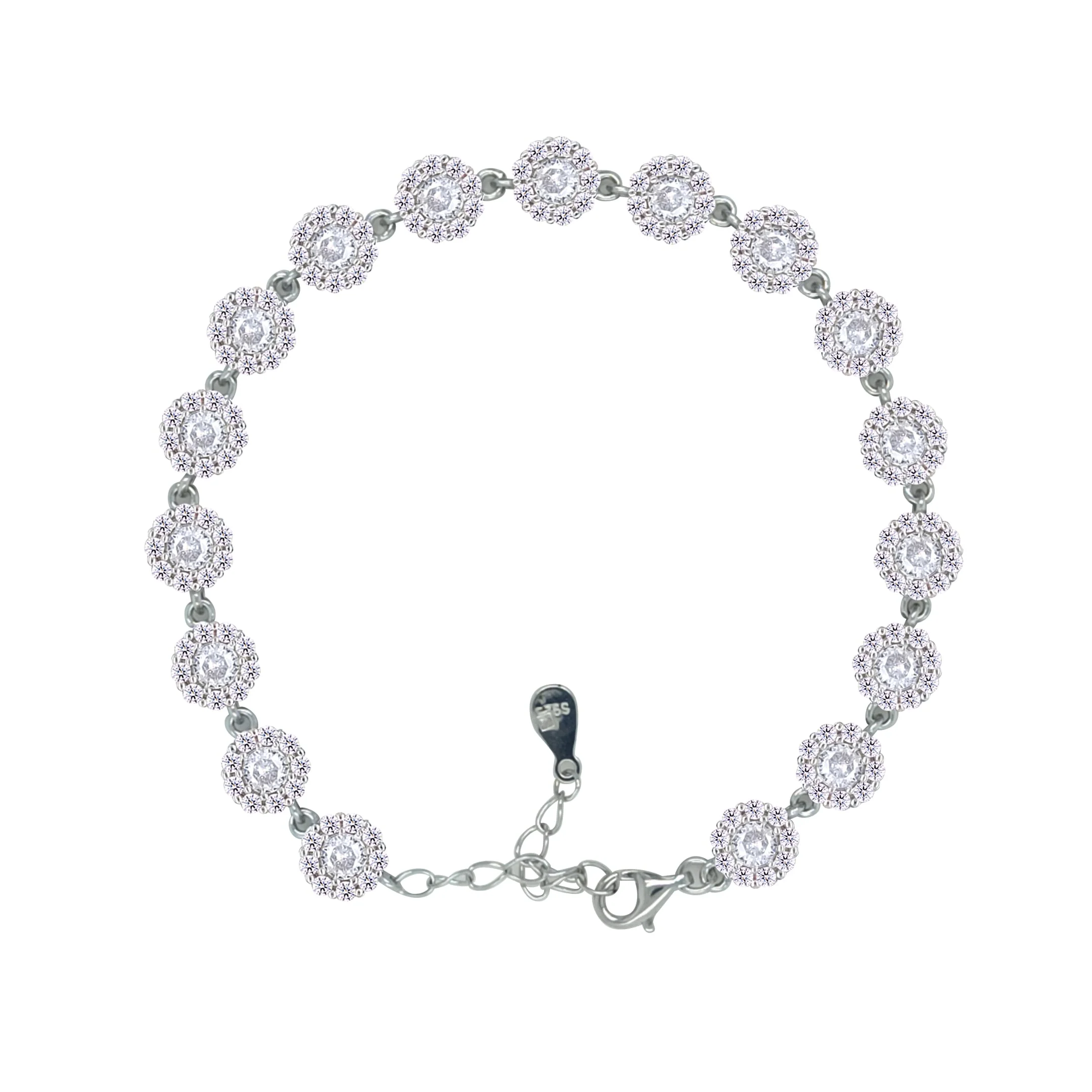 Asfour Crystal Tennis Bracelet With Halo Zircon Round Design In 925 Sterling Silver-BM0090